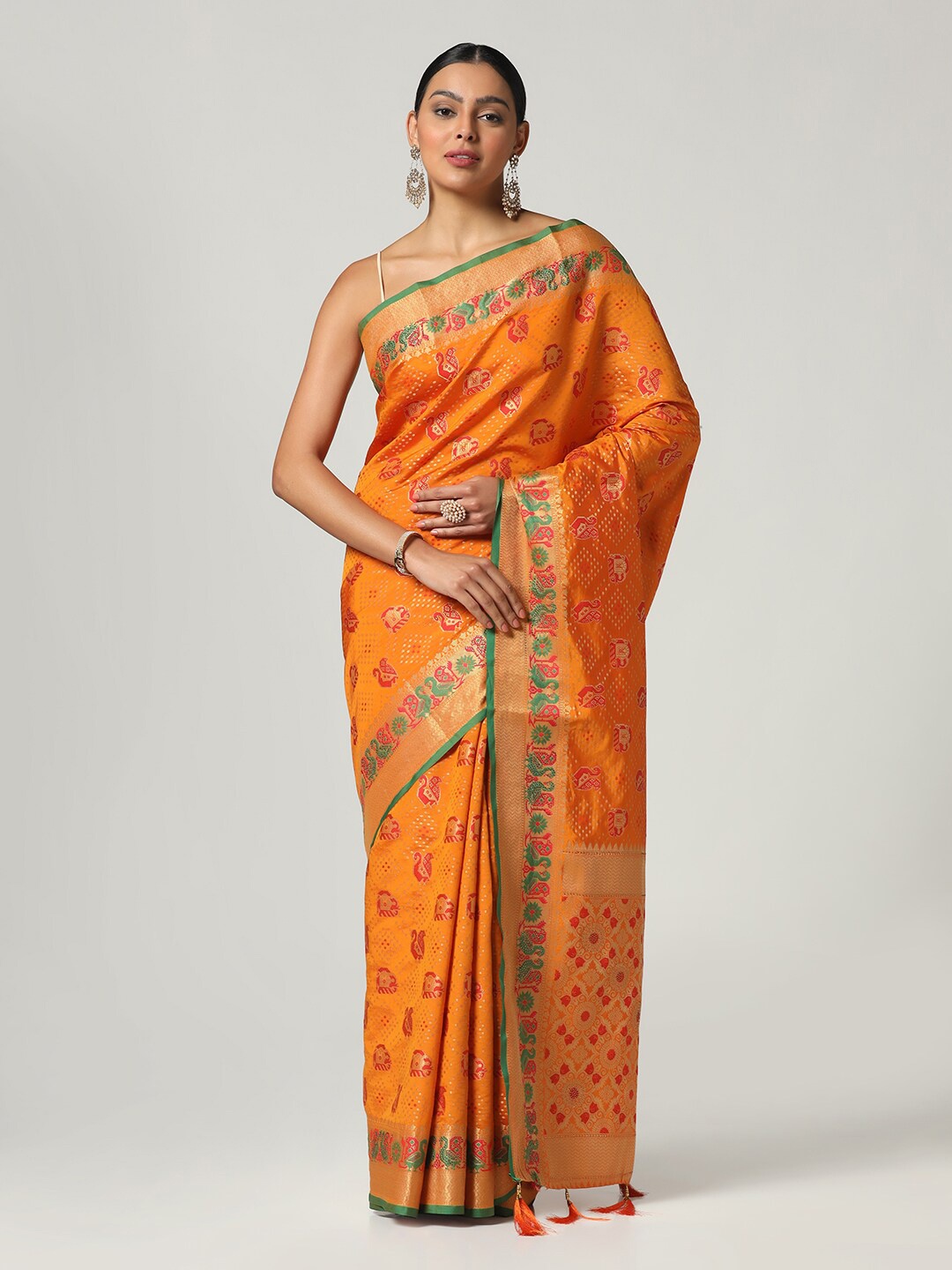 

BOMBAY SELECTIONS Woven Design Zari Art Silk Banarasi Saree, Orange