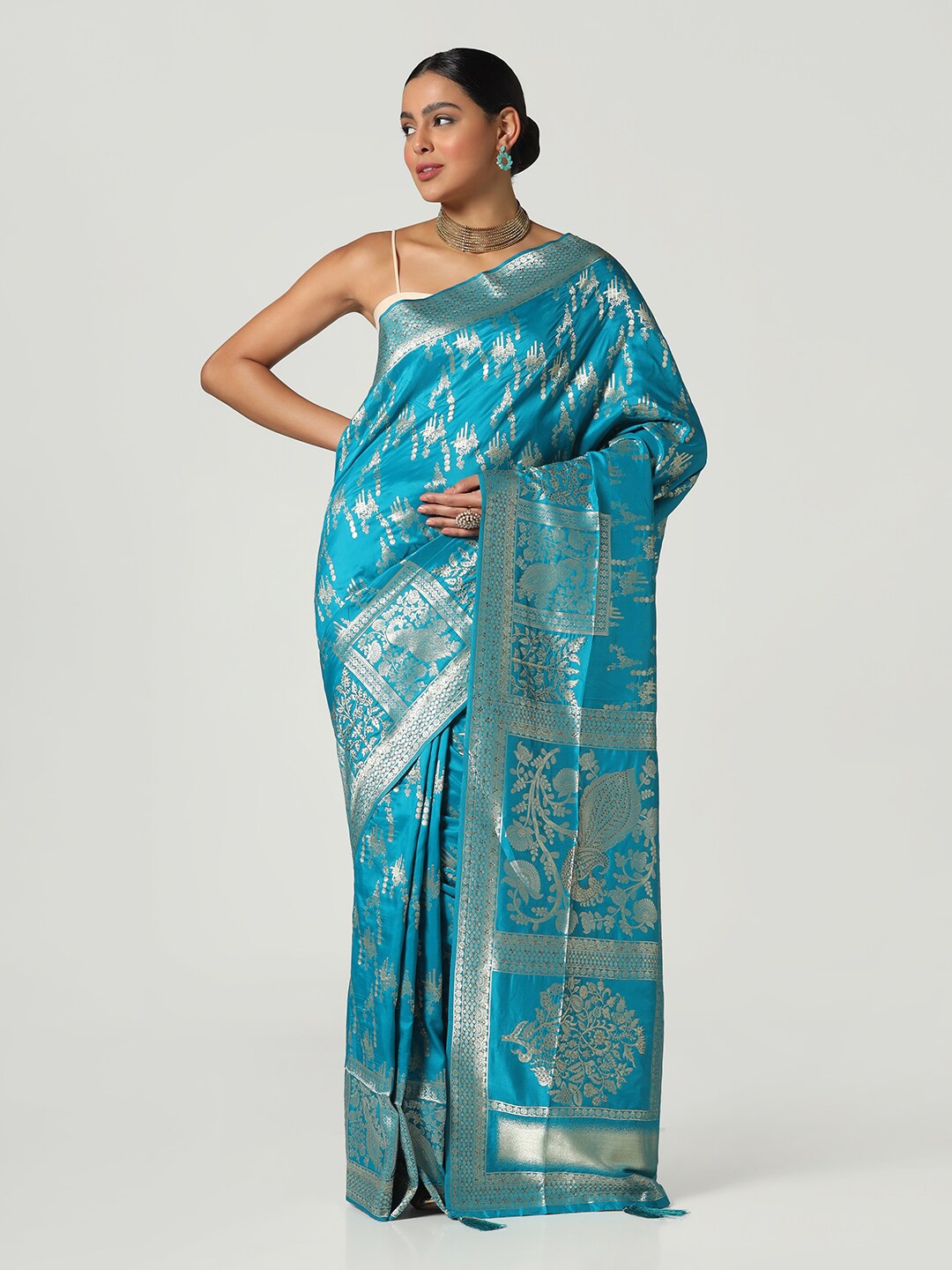 

BOMBAY SELECTIONS Woven Design Zari Pure Silk Banarasi Saree, Blue