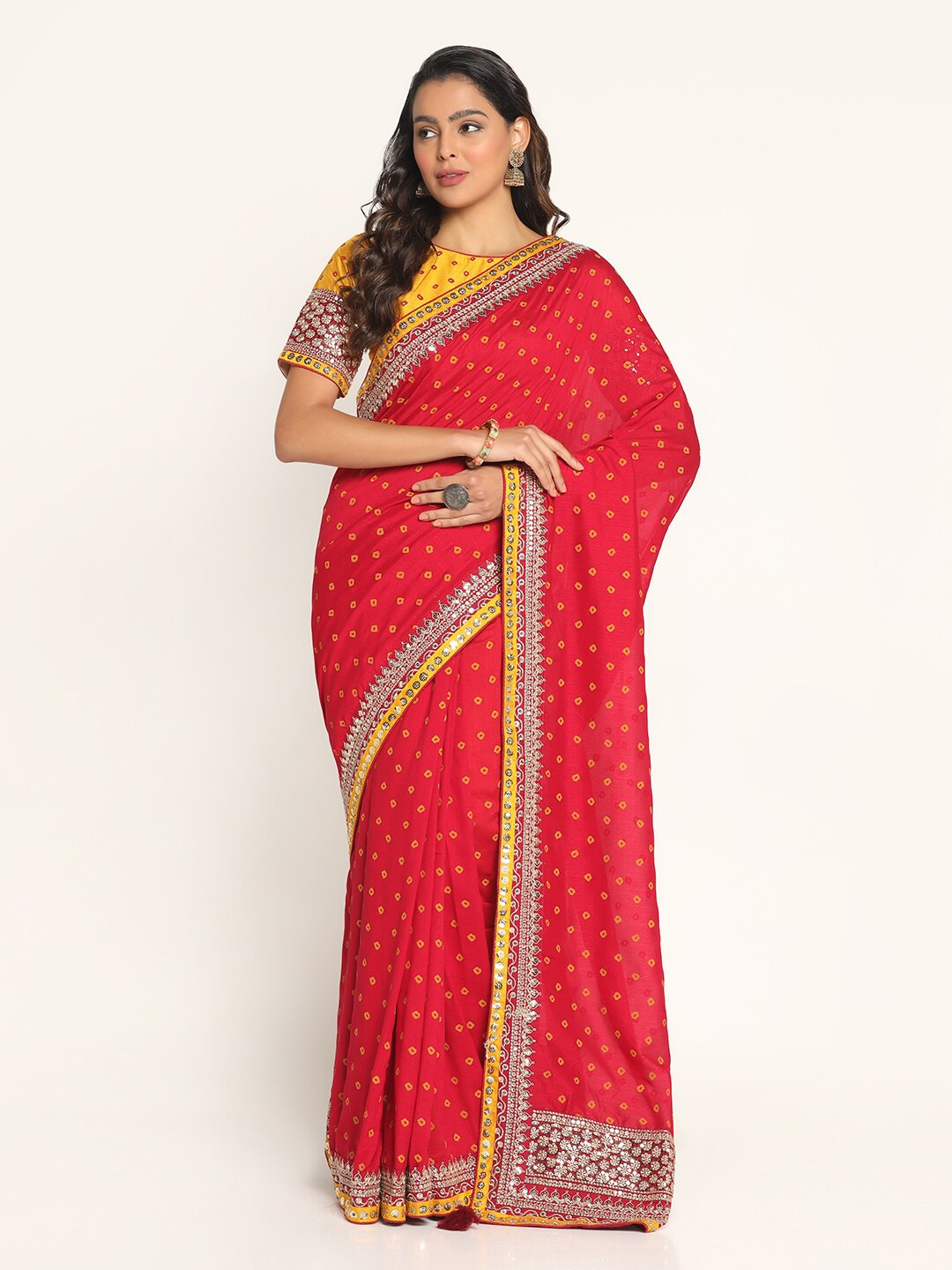

BOMBAY SELECTIONS Bandhani Printed Art Silk Saree, Magenta