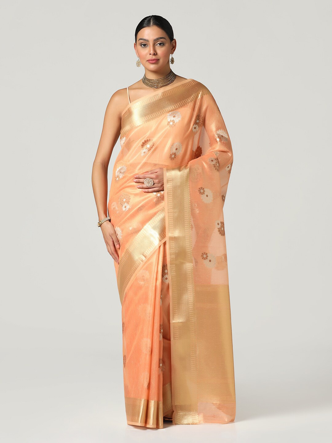 

BOMBAY SELECTIONS Ethnic Motifs Zari Banarasi Saree, Peach