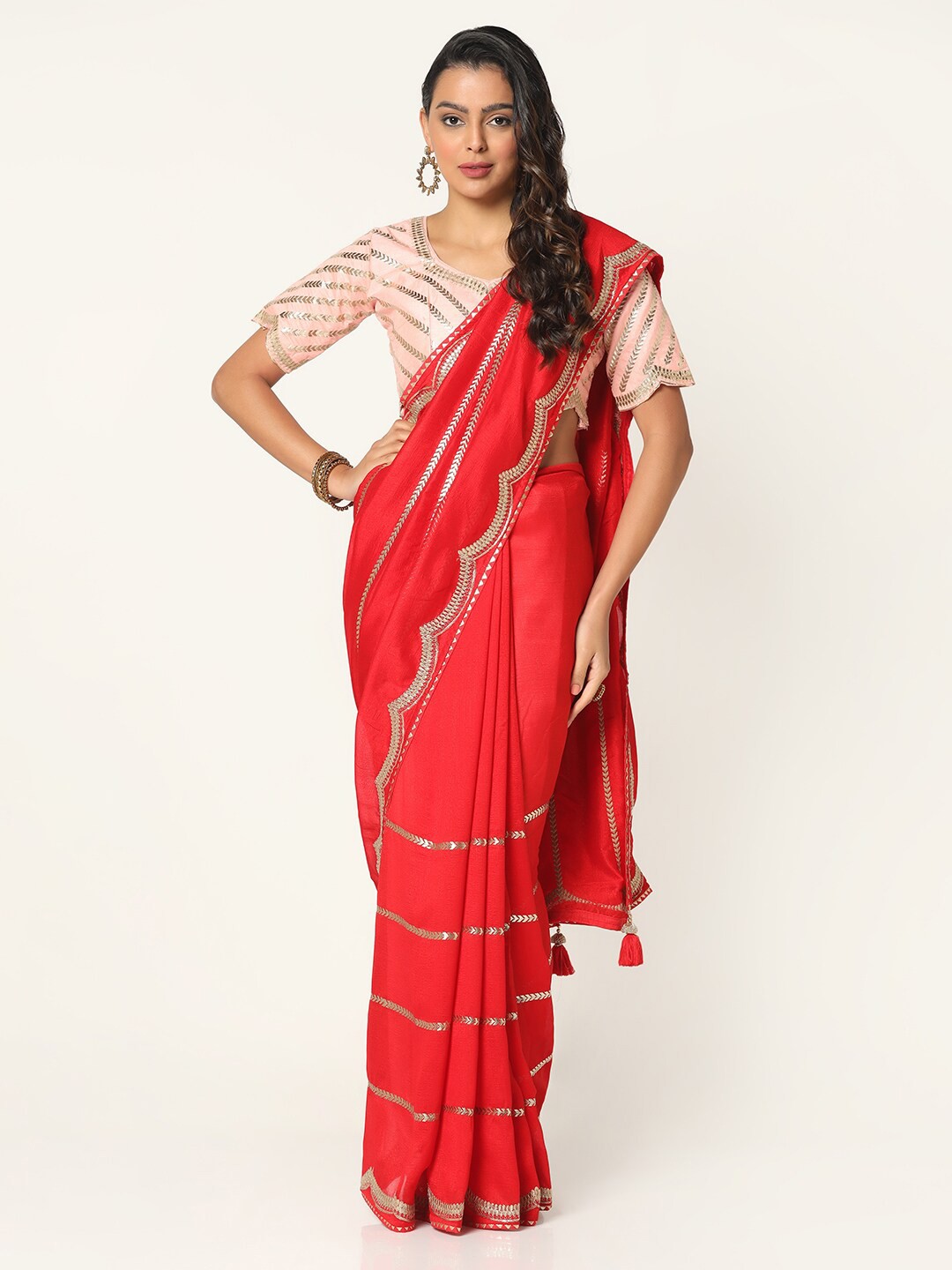 

BOMBAY SELECTIONS Striped Embroidered Saree, Red