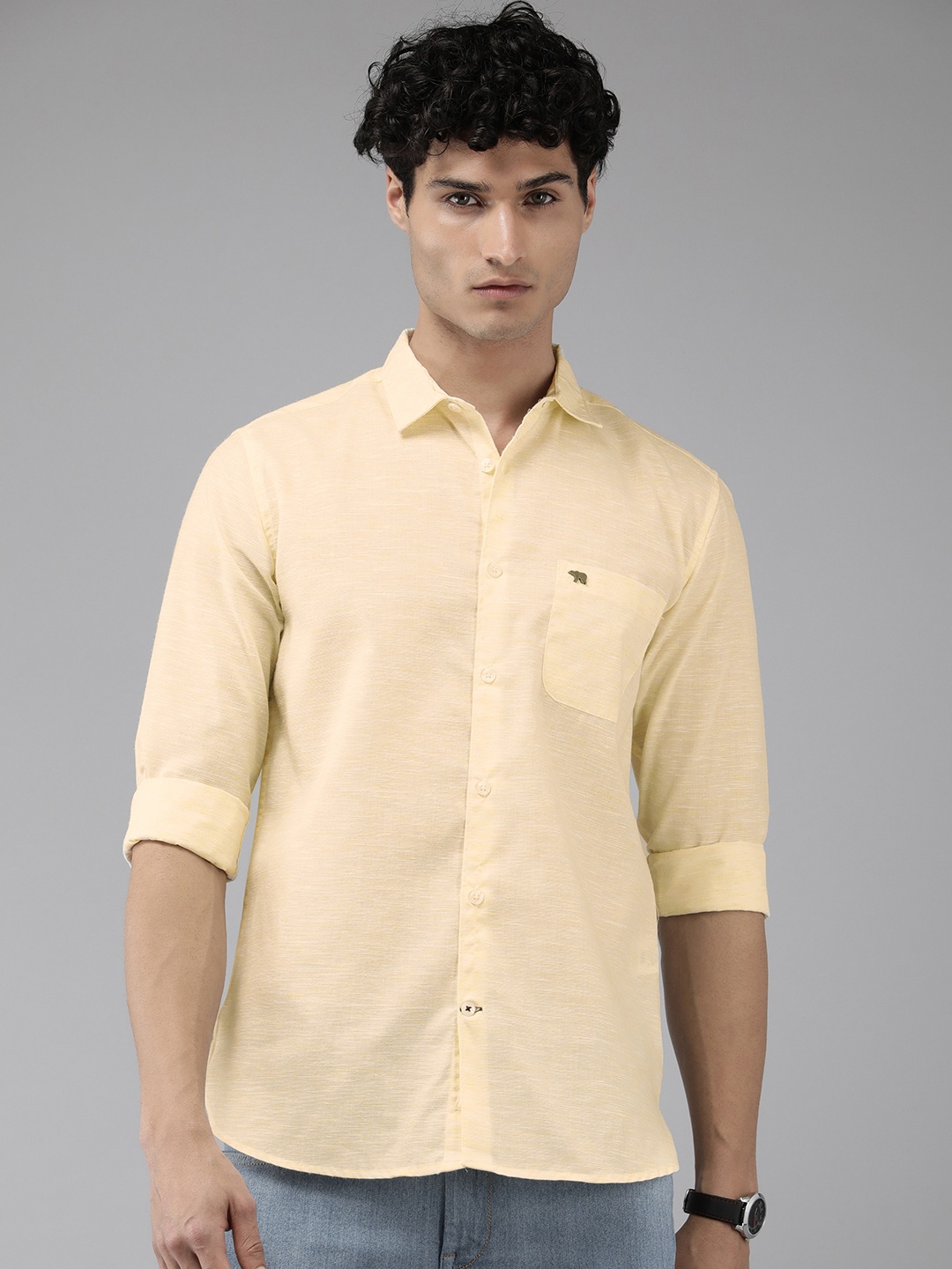 

THE BEAR HOUSE Slim Fit Semi Sheer Casual Shirt, Yellow