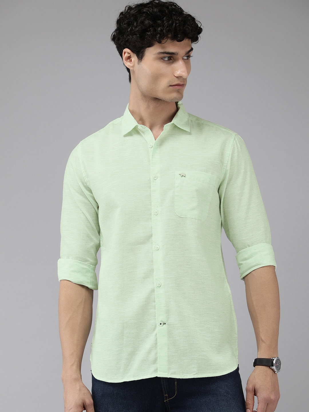 

THE BEAR HOUSE Slim Fit Semi Sheer Casual Shirt, Green