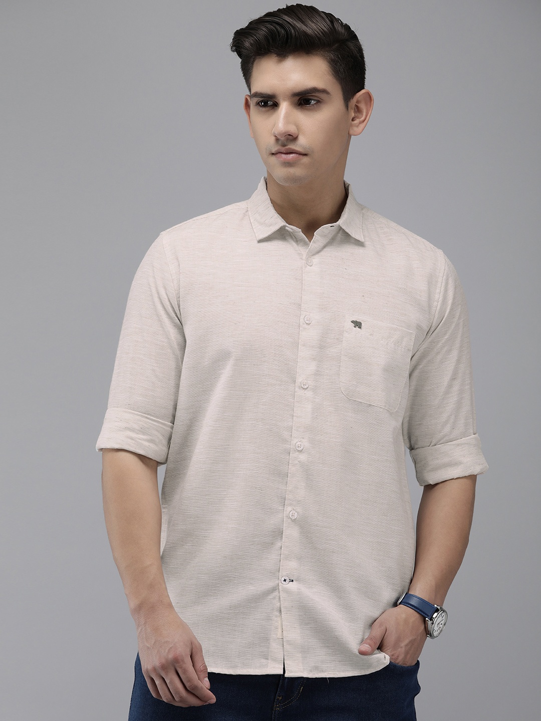 

THE BEAR HOUSE Men Slim Fit Semi Sheer Casual Shirt, Beige