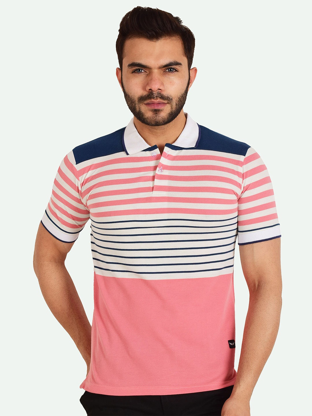 

VALEN CLUB Men Striped Polo Collar Pure Cotton T-shirt, Pink