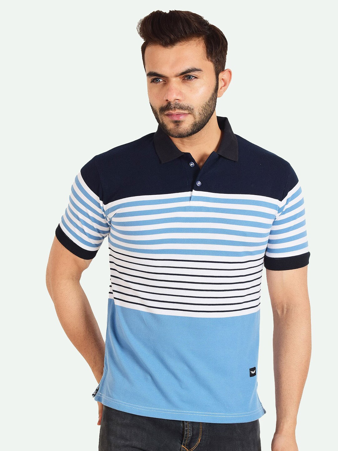 

VALEN CLUB Men Colourblocked Polo Collar Slim Fit Pure Cotton T-shirt, Blue