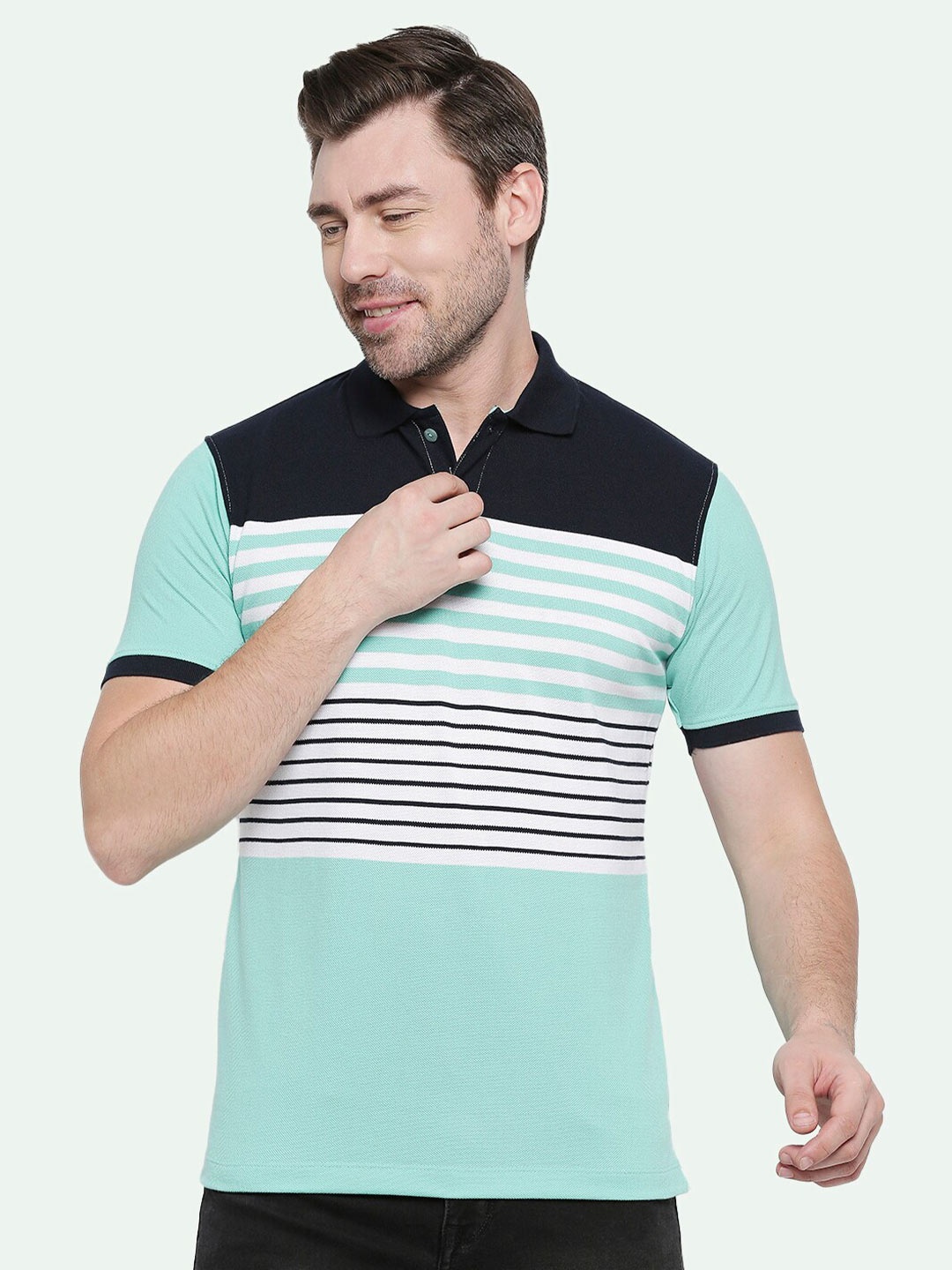 

VALEN CLUB Men Striped Polo Collar Slim Fit Pure Cotton T-shirt, Sea green