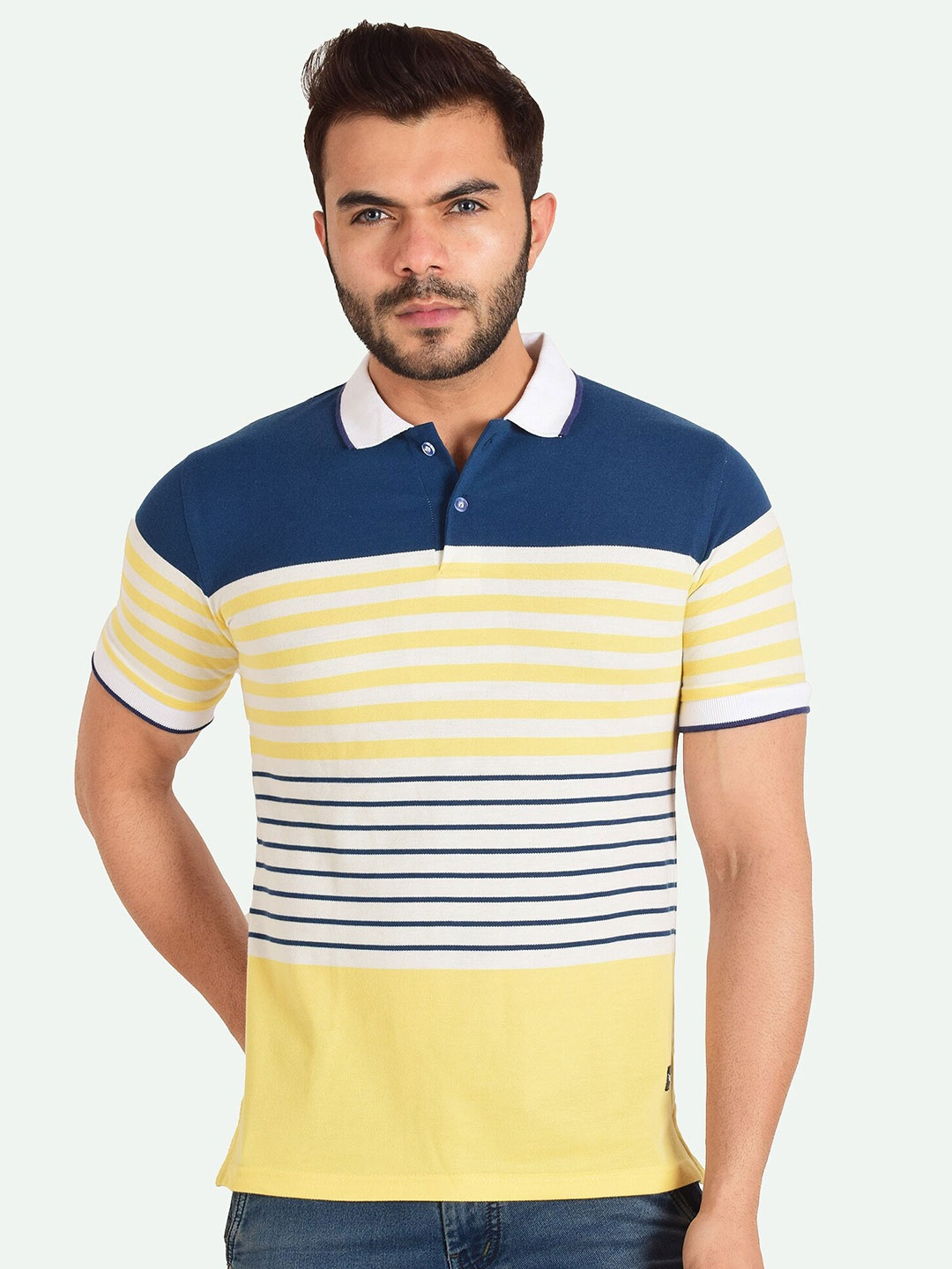

VALEN CLUB Men Cotton Striped Polo Collar T-shirt, Yellow