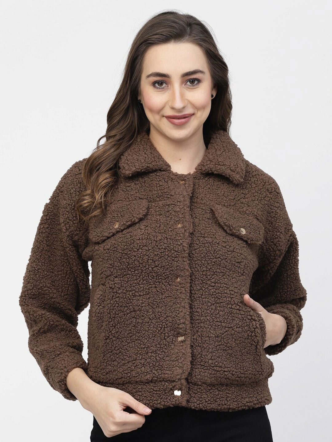 

Juelle Women Shirt Collar Front-Open Sweater, Brown