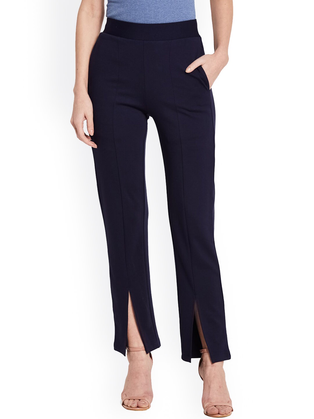 

UNMADE Women Mid-Rise Slim Fit Trousers, Navy blue