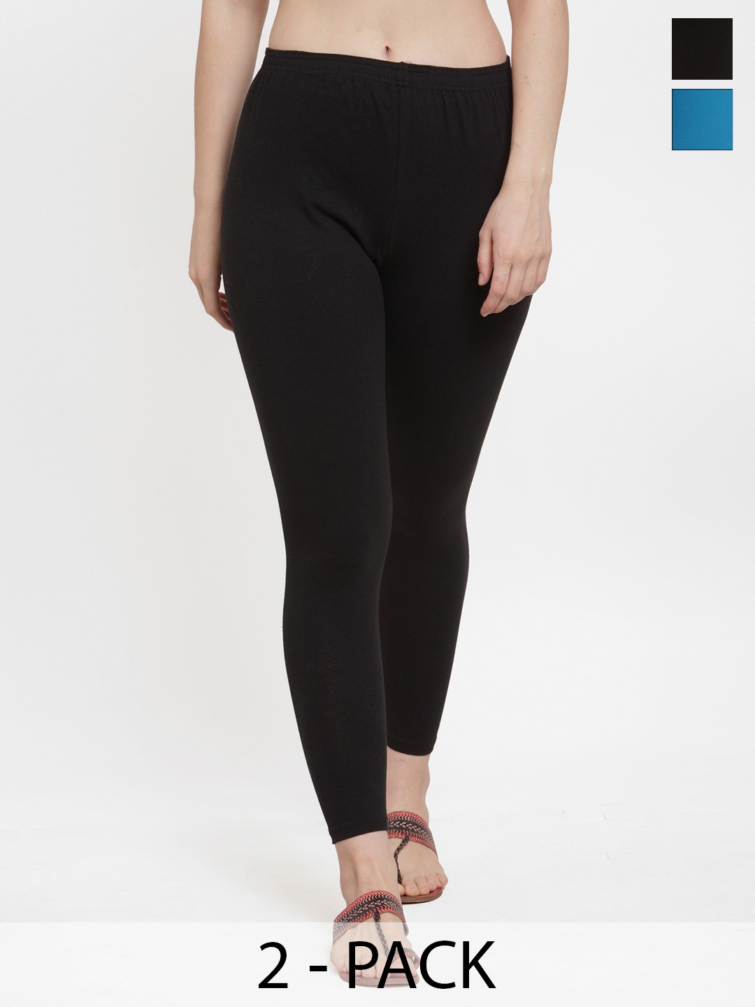 

GRACIT Pack Of 2 Cotton Ankle Length Leggings, Turquoise blue