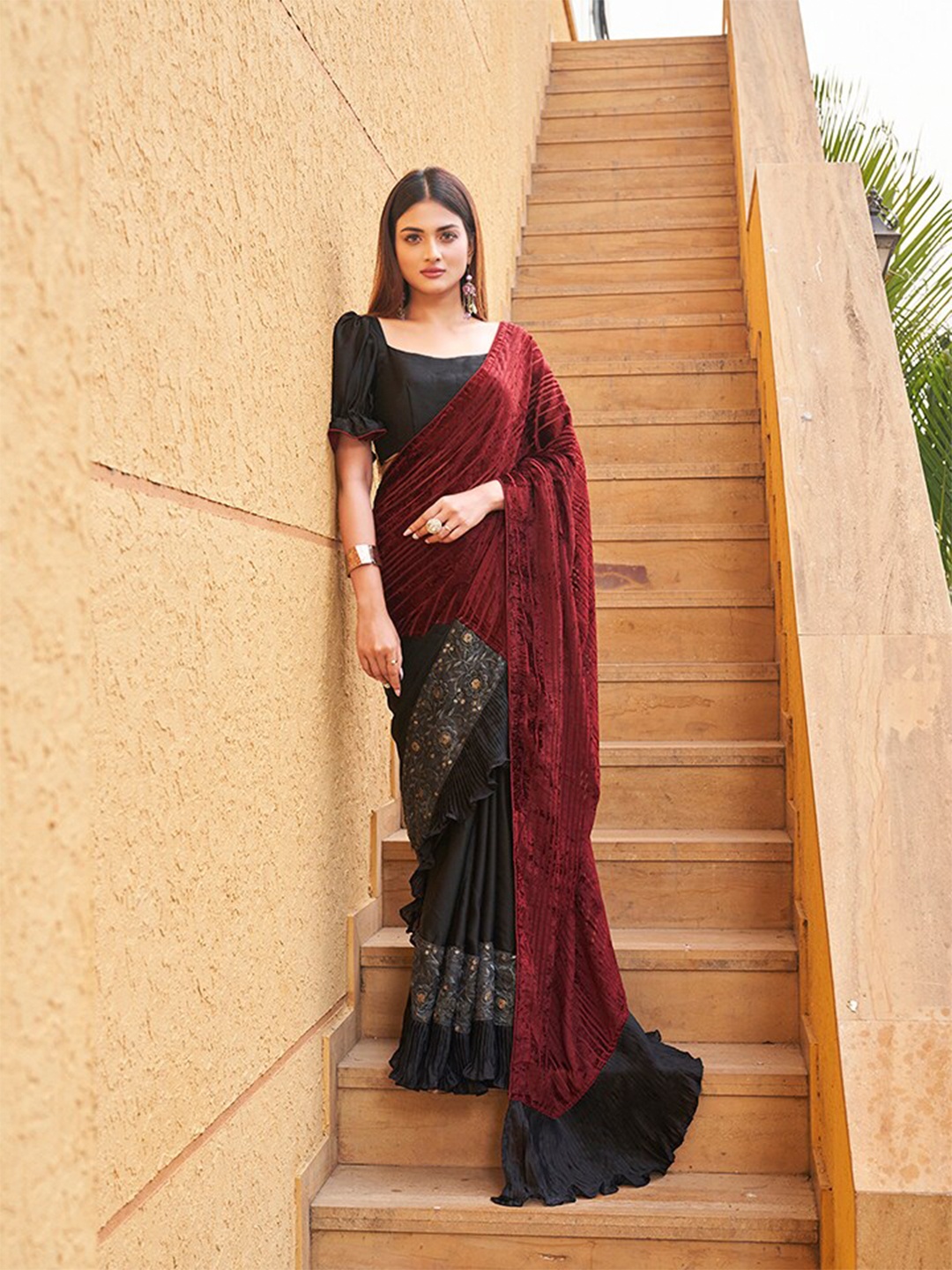 

Tikhi Imli Maroon & Black Floral Velvet Half and Half Saree