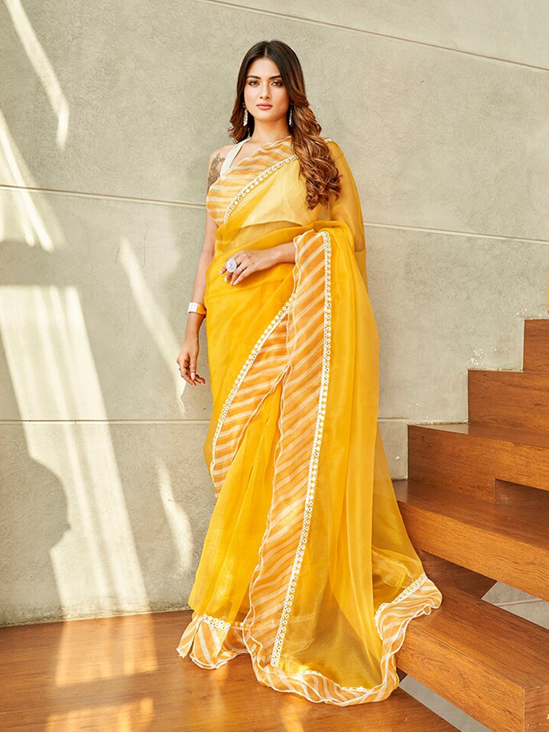 

Tikhi Imli Mirror Work Organza Saree, Yellow