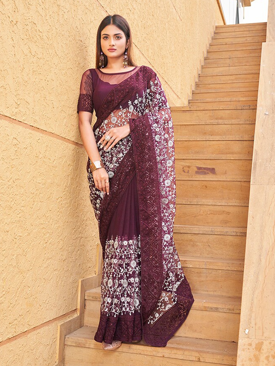 

Tikhi Imli Floral Embroidered Net Saree, Burgundy