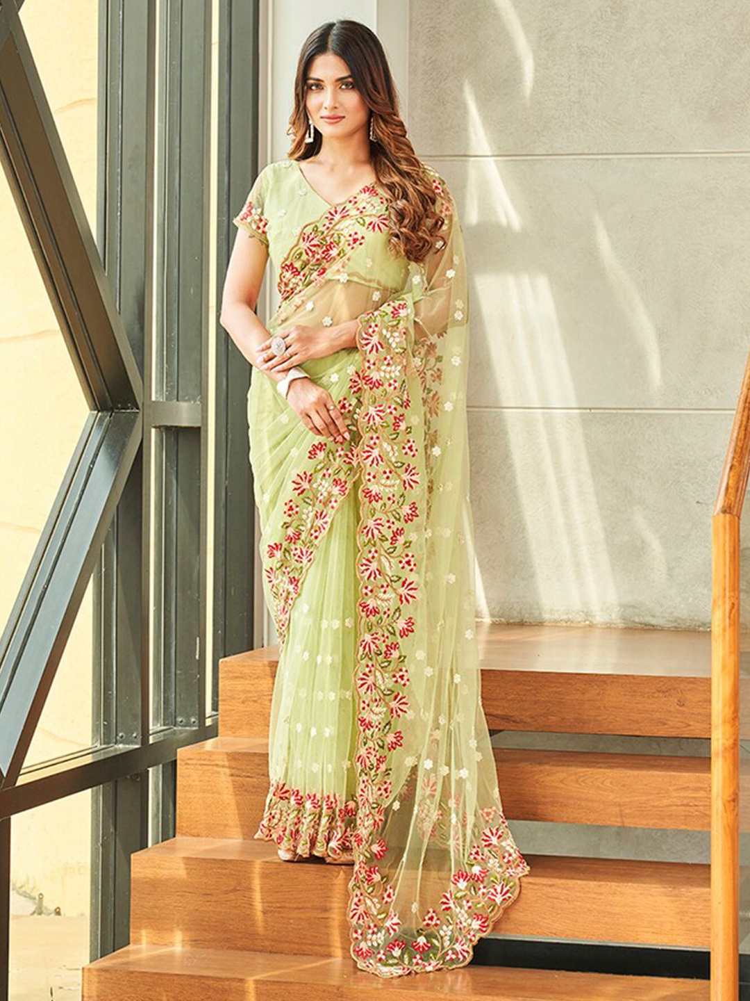 

Tikhi Imli Floral Embroidered Net Saree, Green