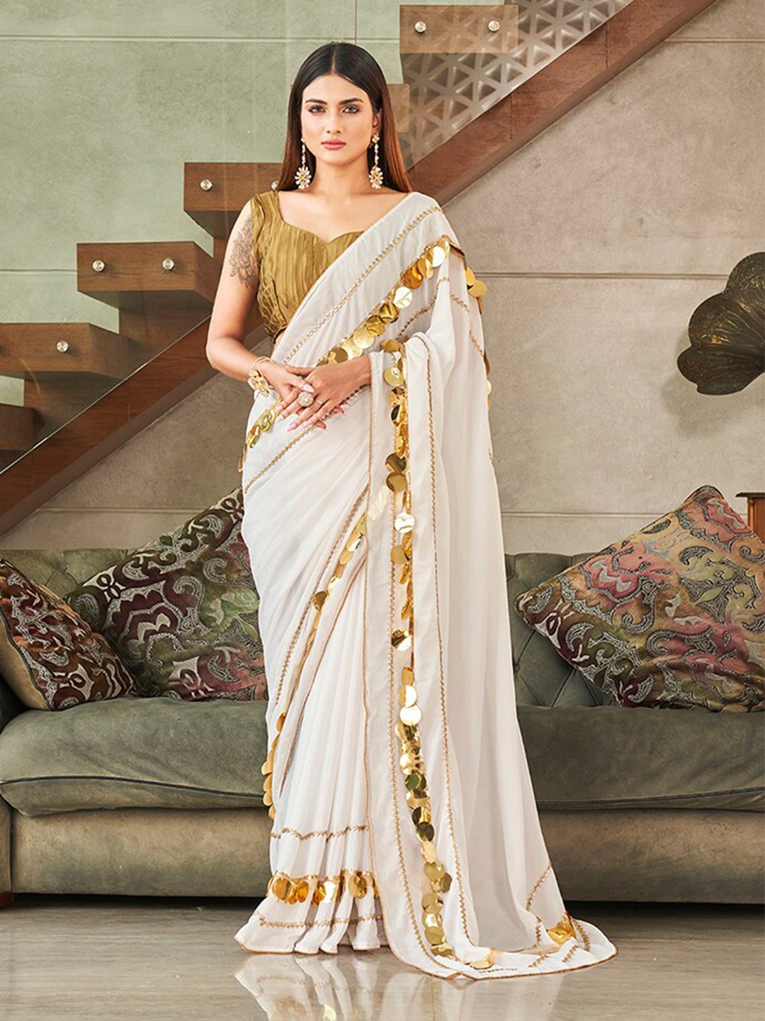 

Tikhi Imli Sequinned Satin Saree With Blouse Piece, Off white