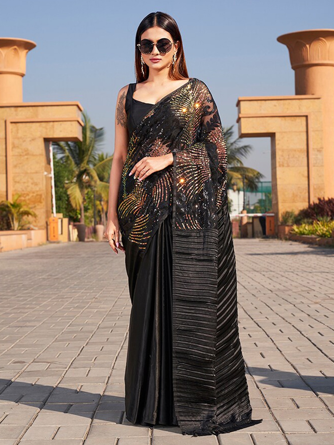 

Tikhi Imli Sequinned Satin Saree, Black