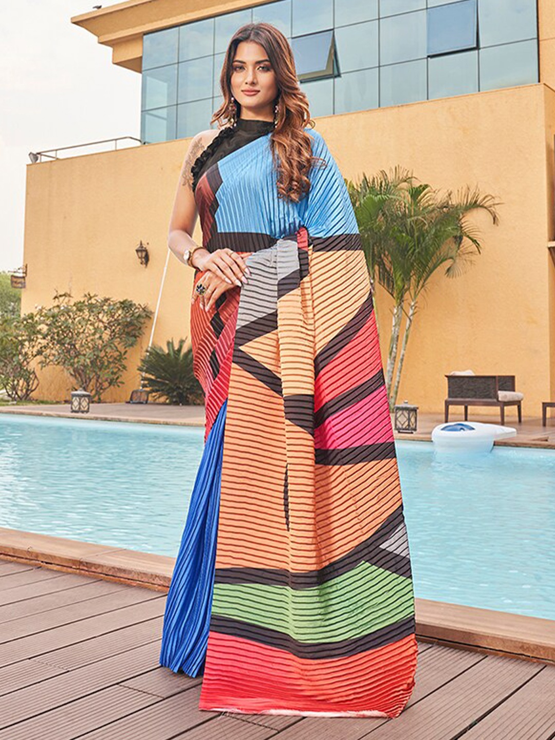 

Tikhi Imli Blue & Orange Satin Saree