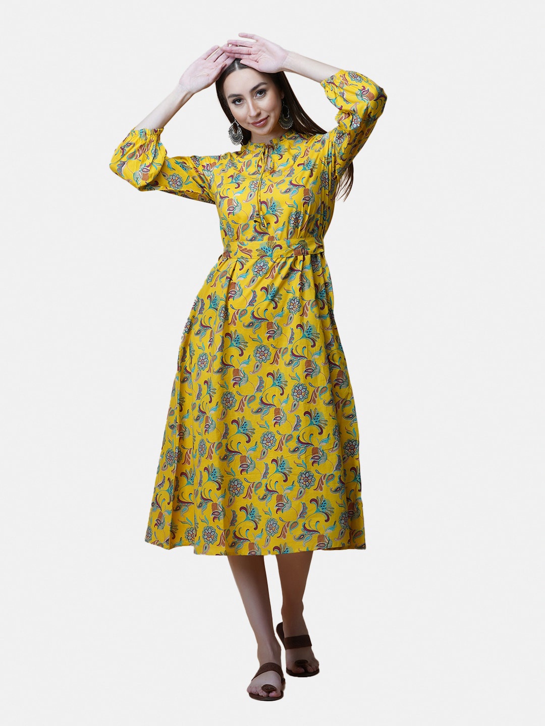 GULAB CHAND TRENDS Floral Tie-Up Neck Midi Cotton Dress, Yellow