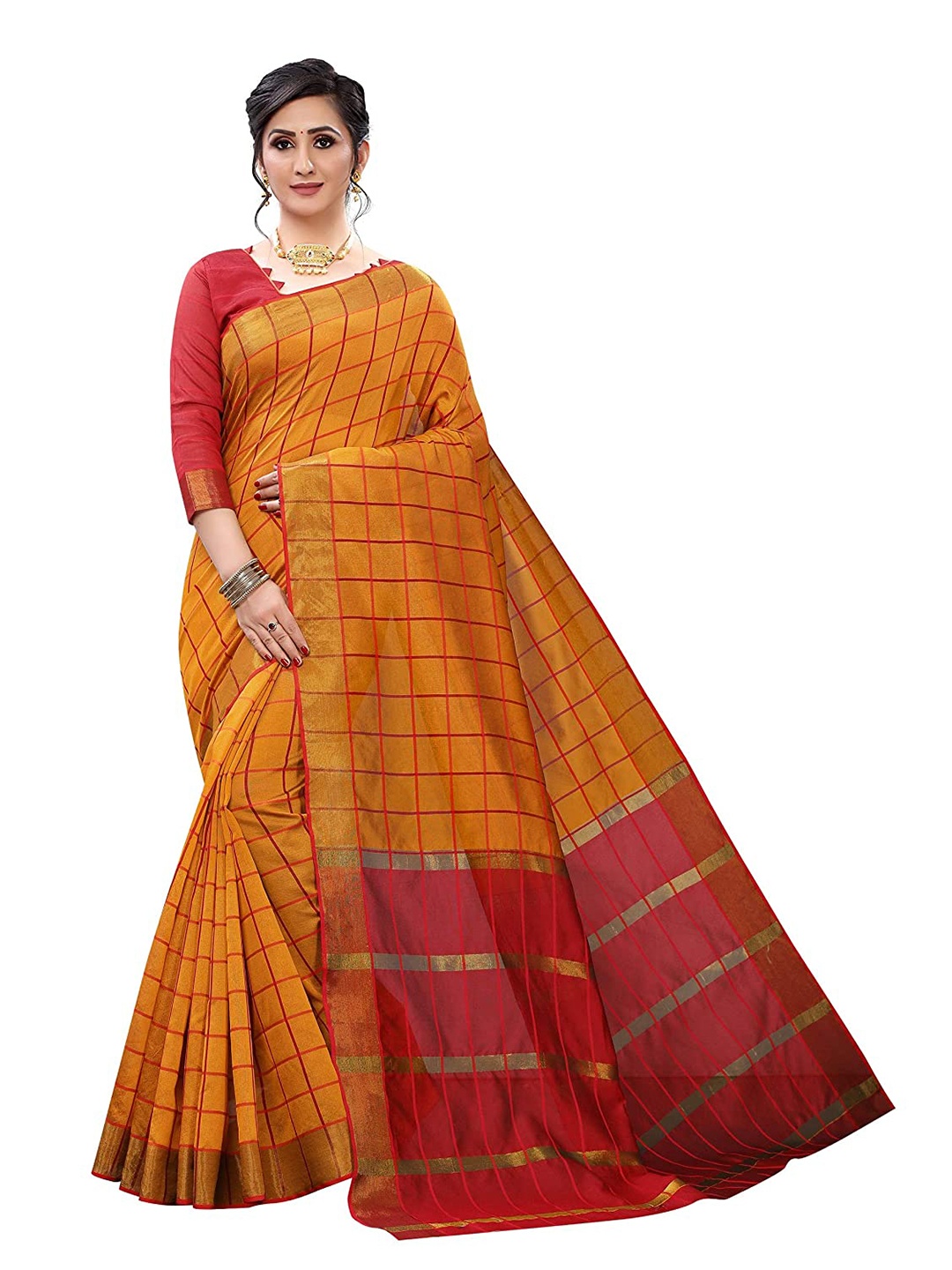 

KALINI Checked Zari Bordered Saree, Yellow