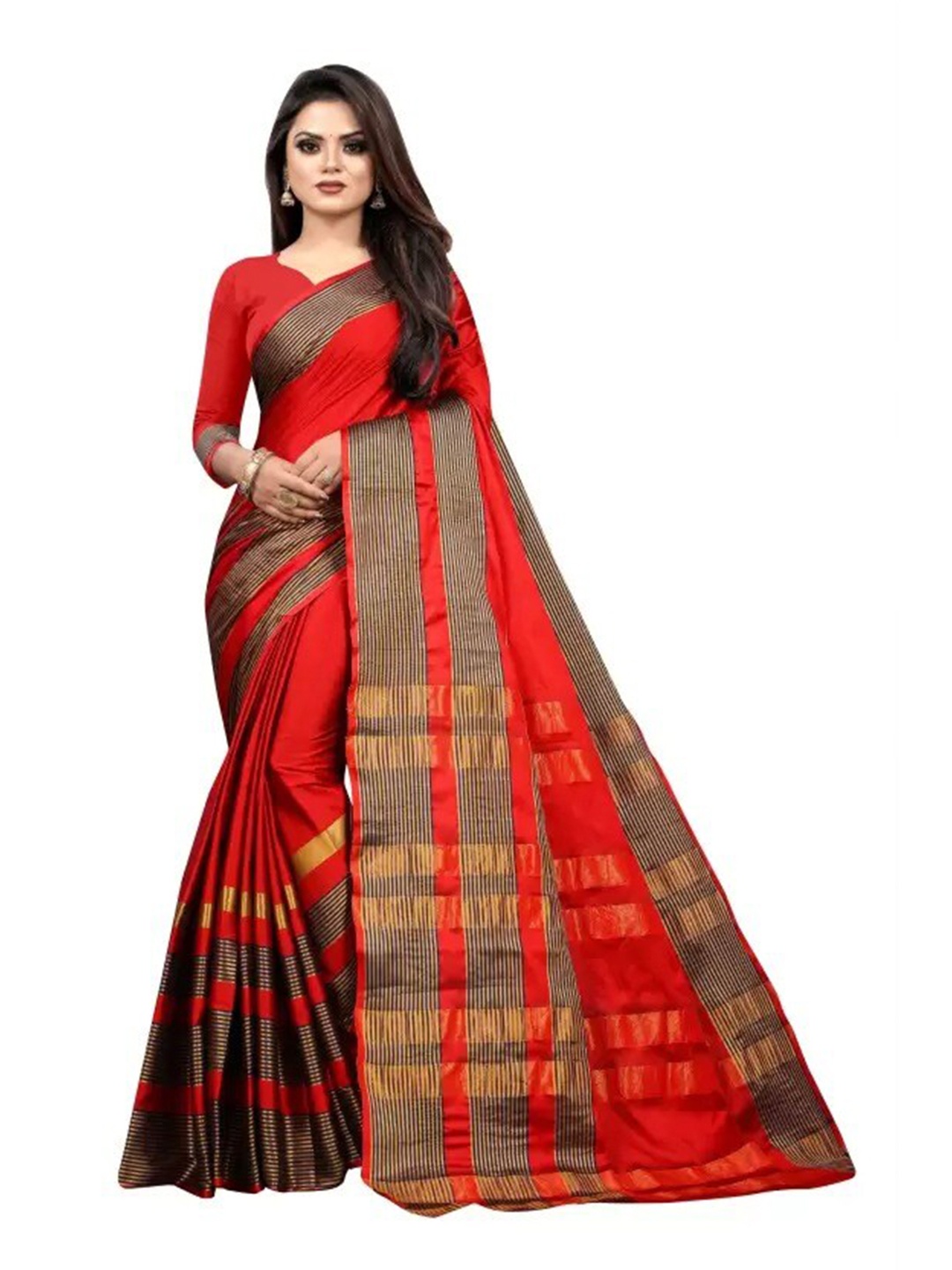 

KALINI Striped Zari Saree, Red