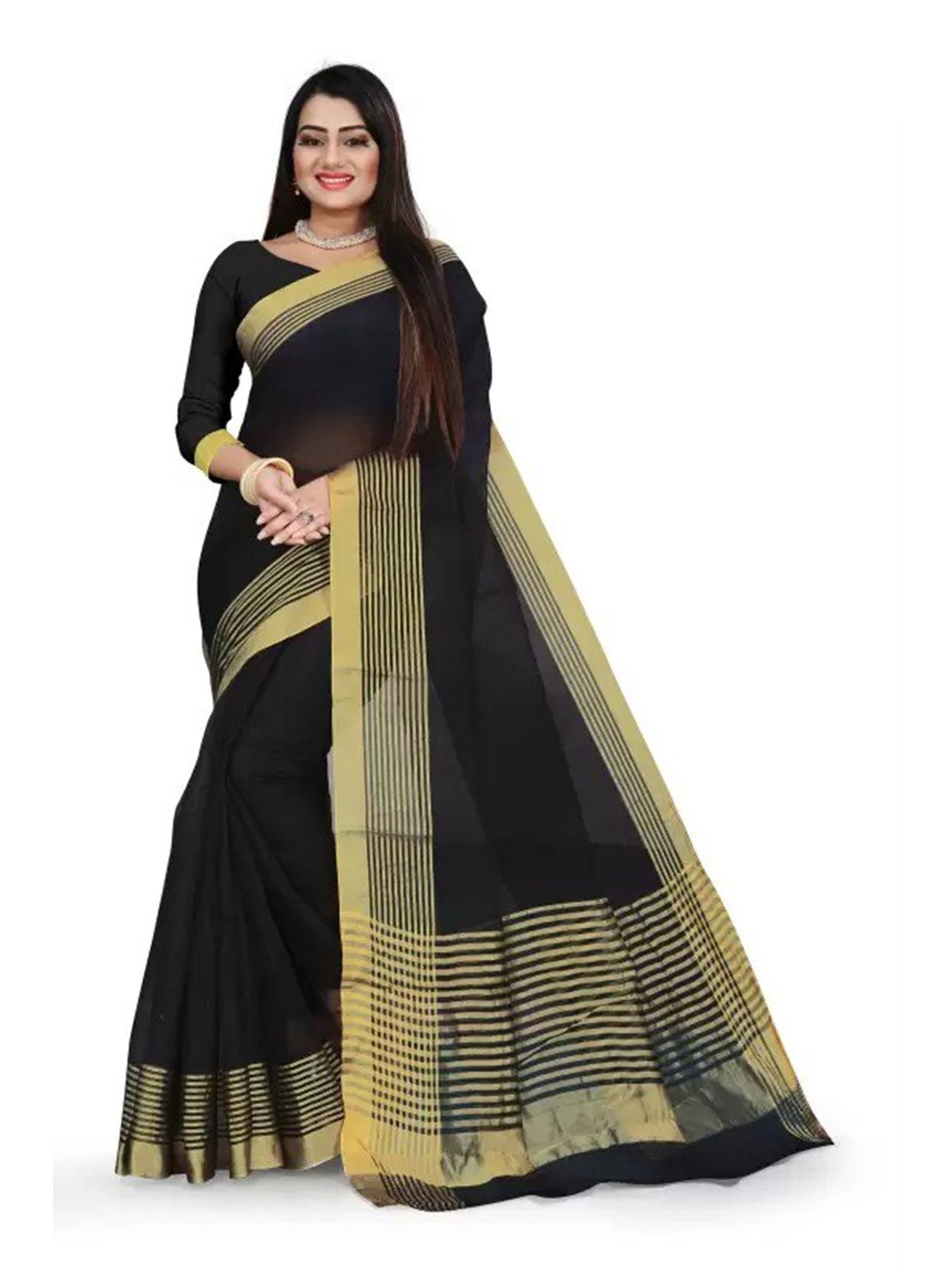 

KALINI Striped Zari Bordered Saree, Black