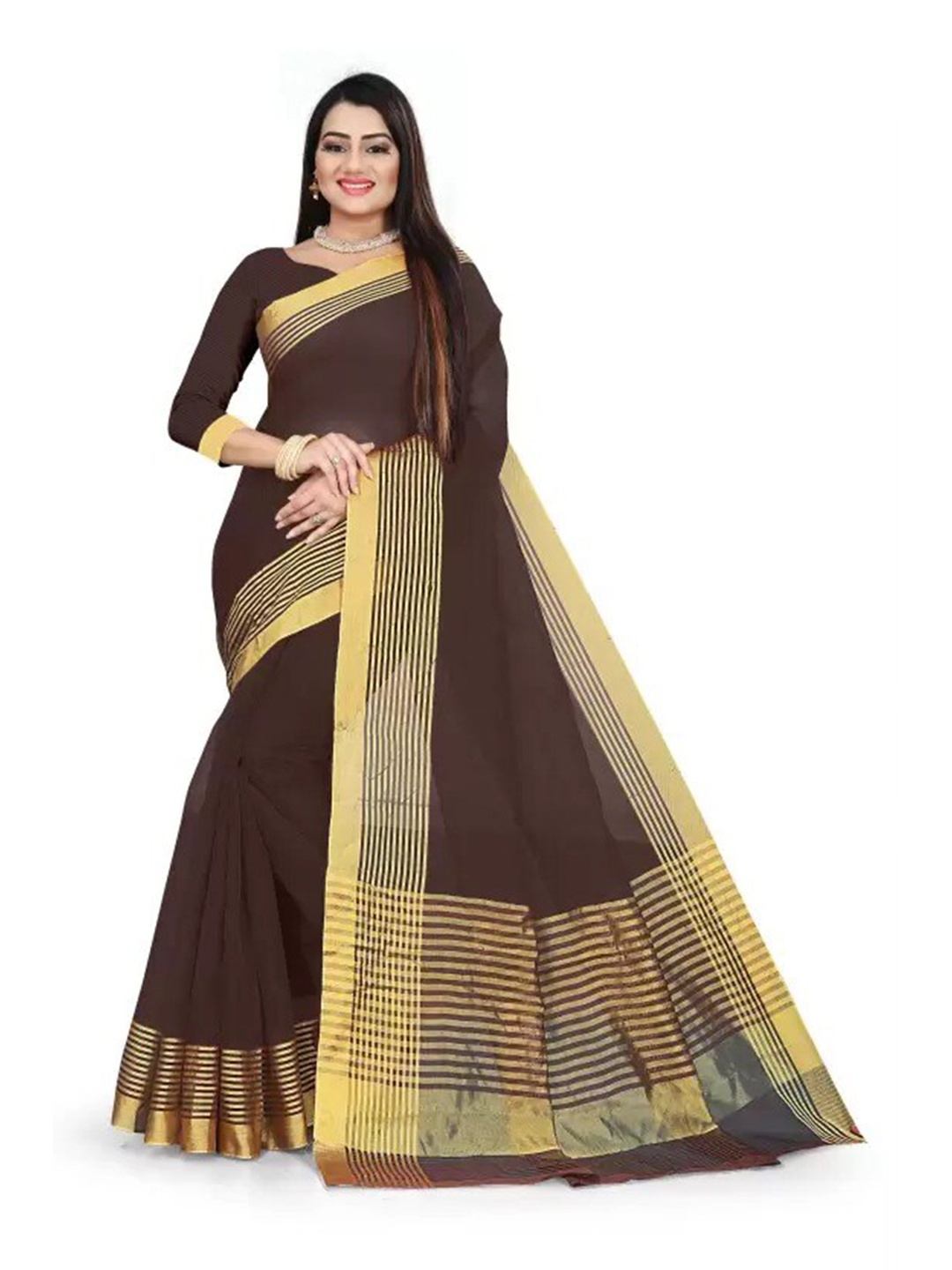 

KALINI Striped Zari Border Saree, Brown