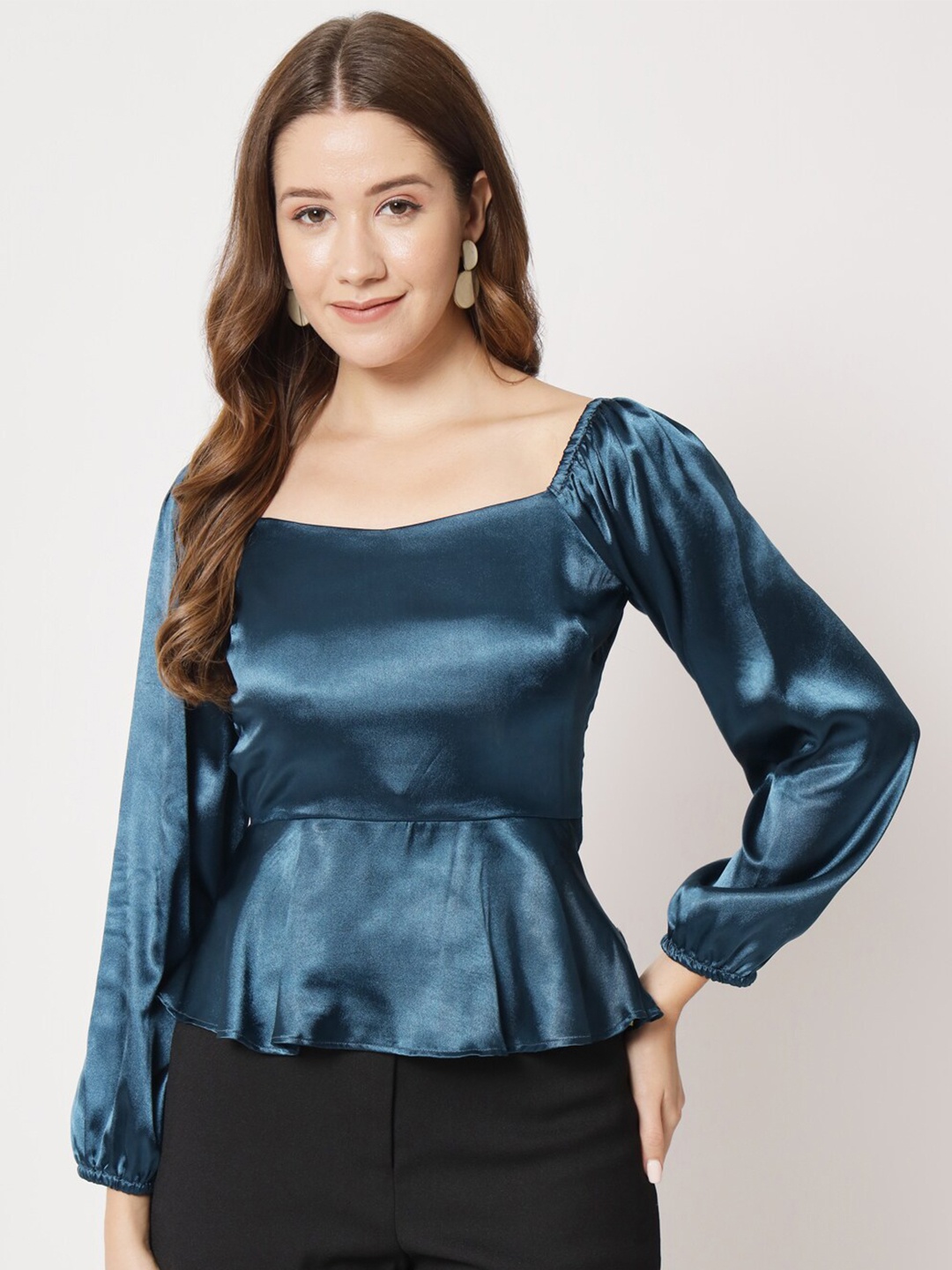 

CHARMGAL Print Satin Cinched Waist Top, Blue