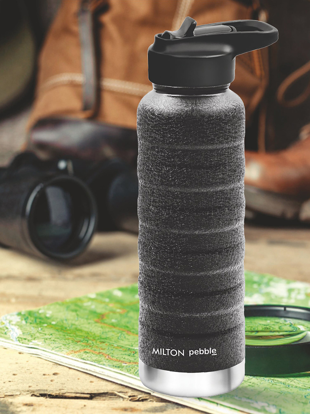 

Milton Pebble 710 Thermosteel 24 Hours Hot and Cold Water Bottle with Spout Lid 710 ml, Black
