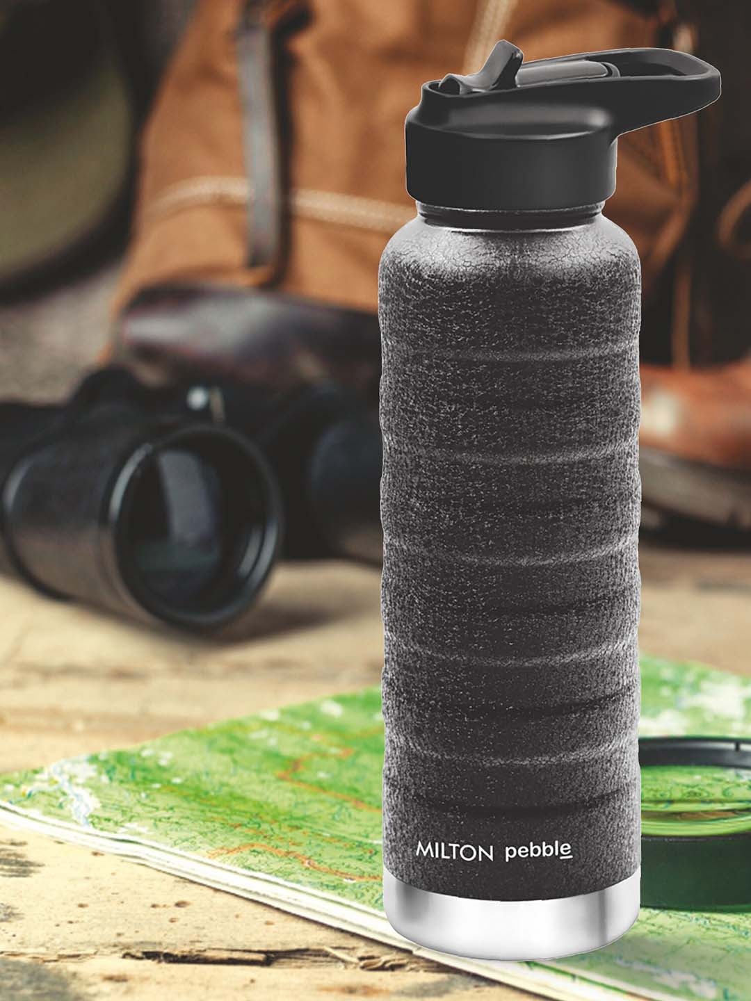 

Milton Pebble 530 Black Thermosteel 24 Hours Hot & Cold Water Bottle with Spout Lid 530 ml