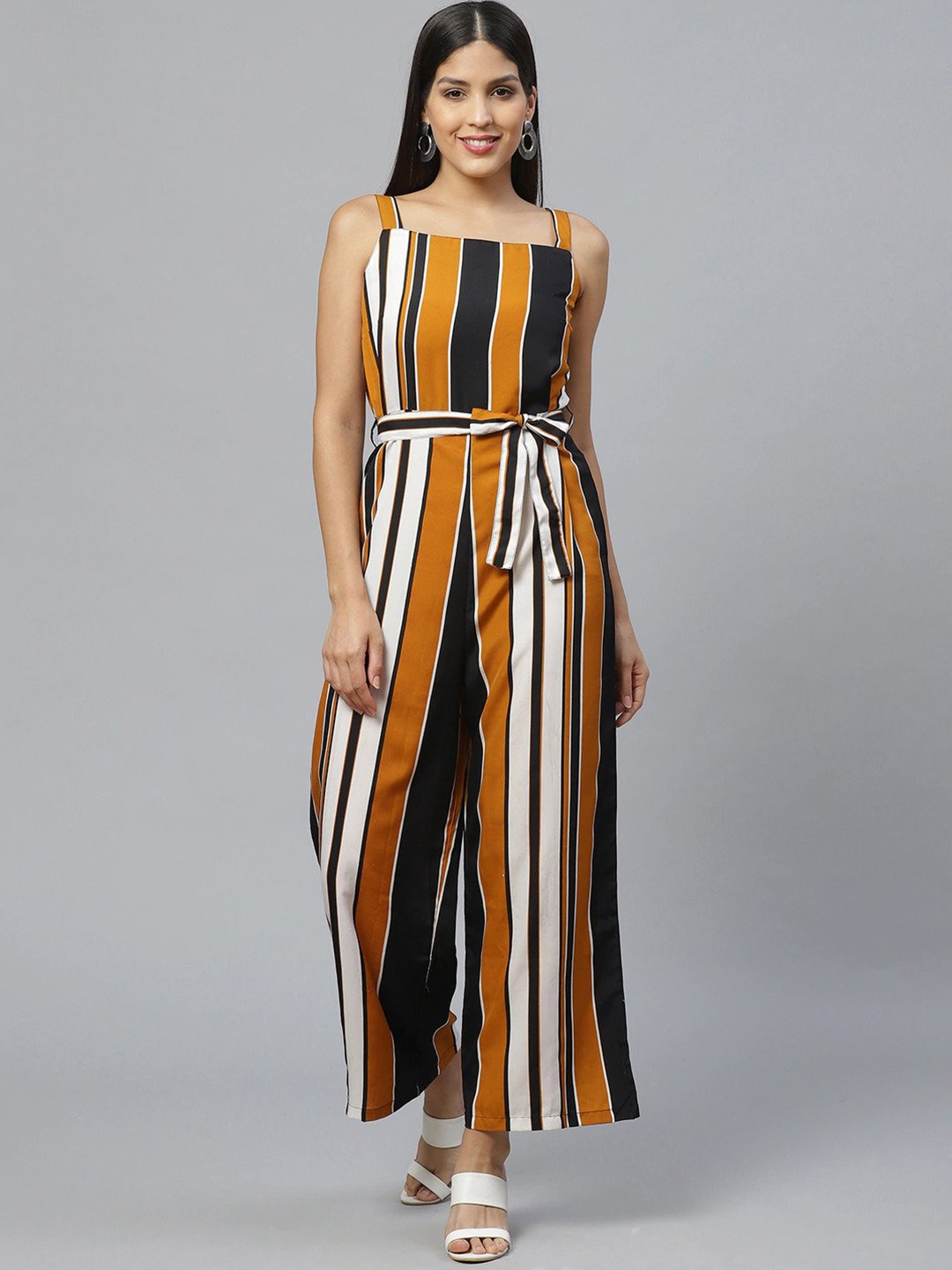 

SIRIKIT Striped Shoulder Straps Basic Jumpsuit, Mustard