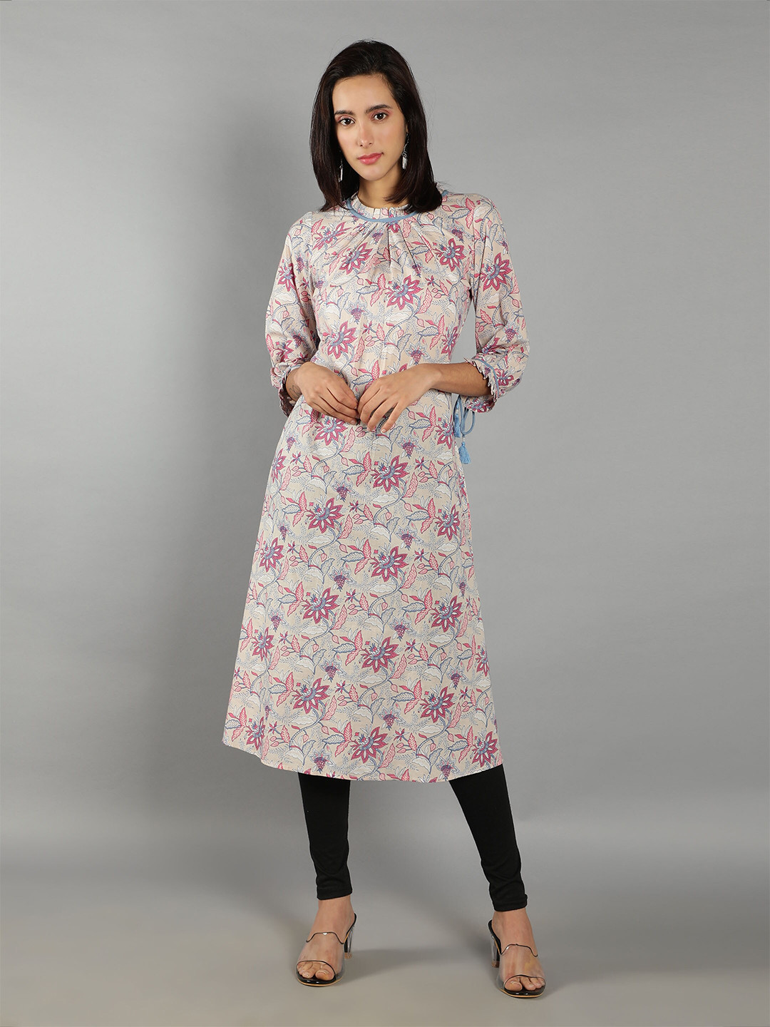 

See Designs Floral Printed Cotton A-Line Kurta, Beige