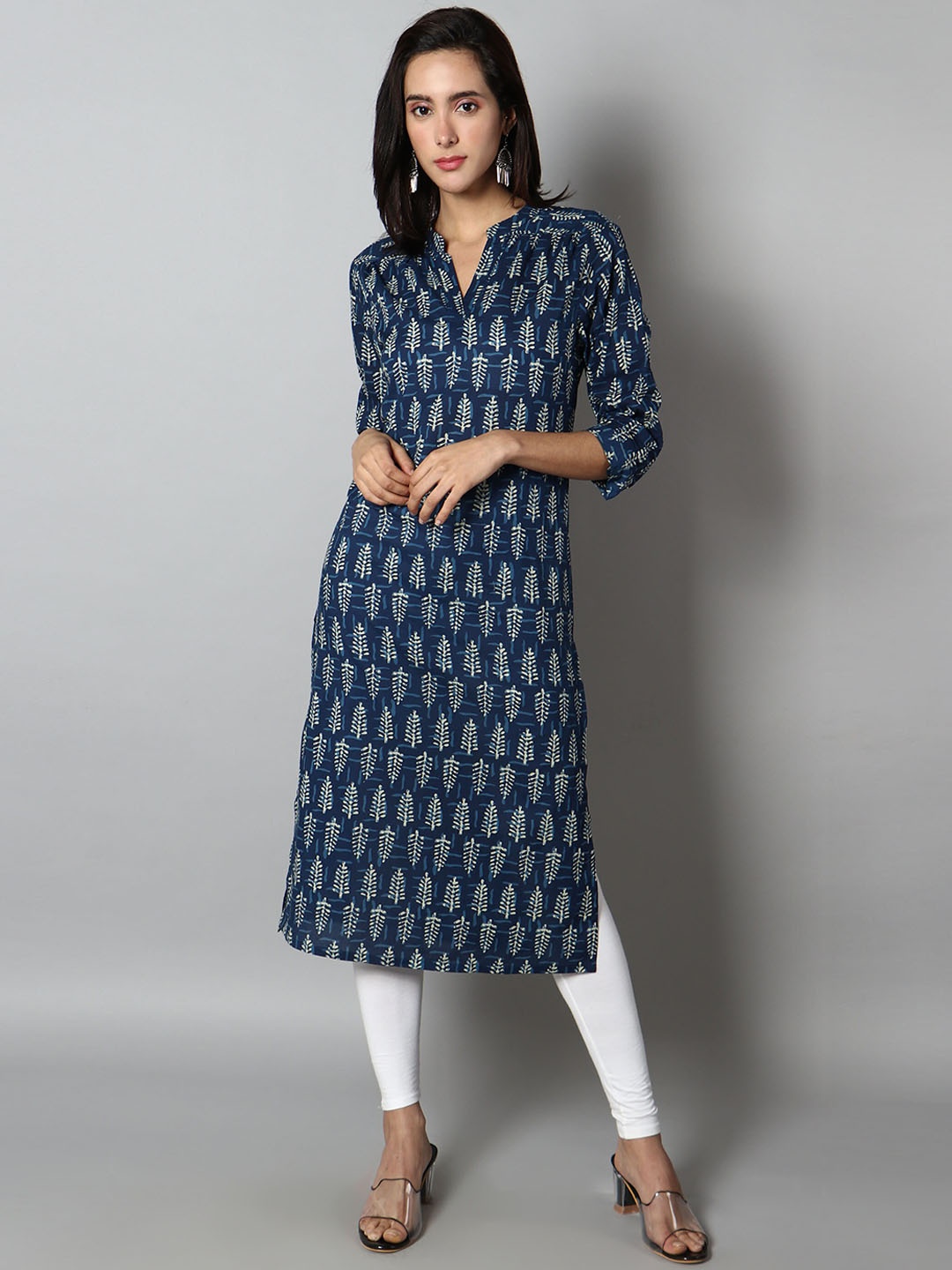 

See Designs Women Ethnic Motifs Printed Band Collar Cotton Kurta, Blue