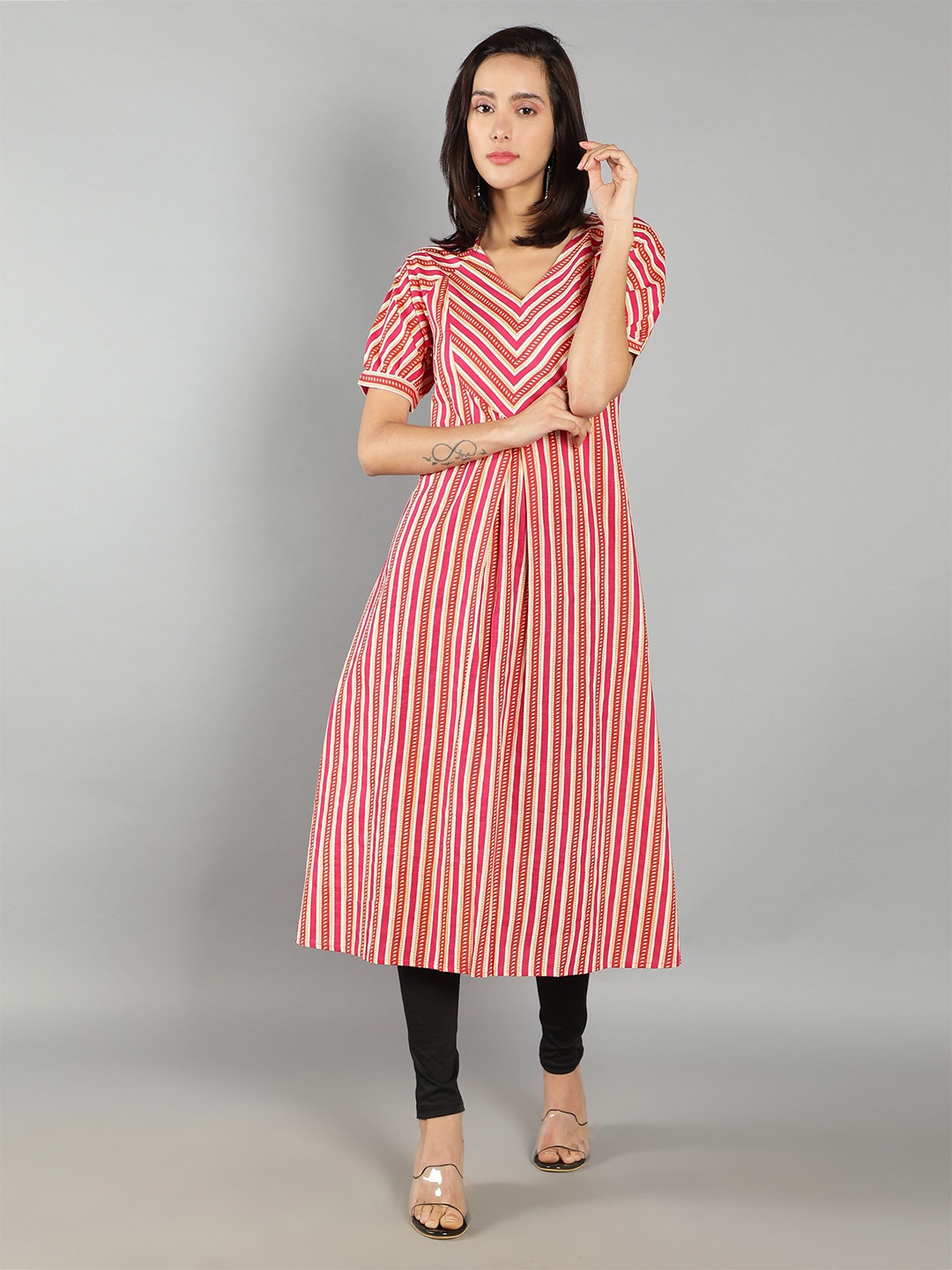 

See Designs Striped Cotton A-Line Kurta, Red