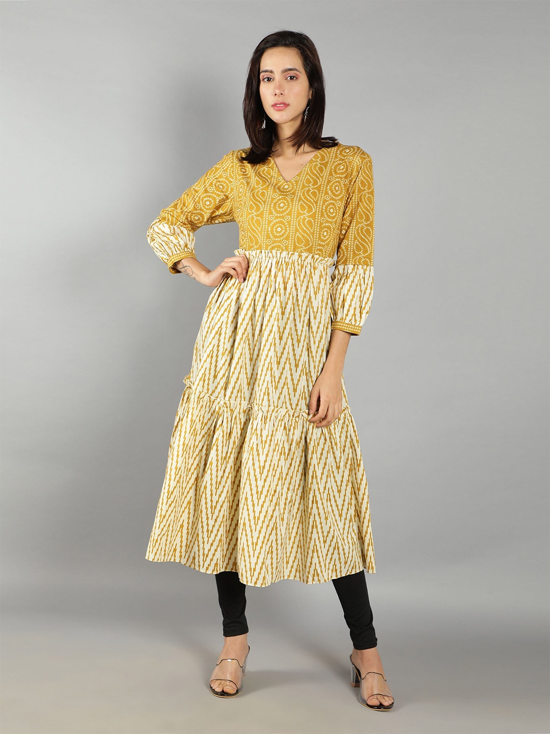 

See Designs Women Ethnic Motifs Printed Fit and Flare Cotton Kurta, Mustard