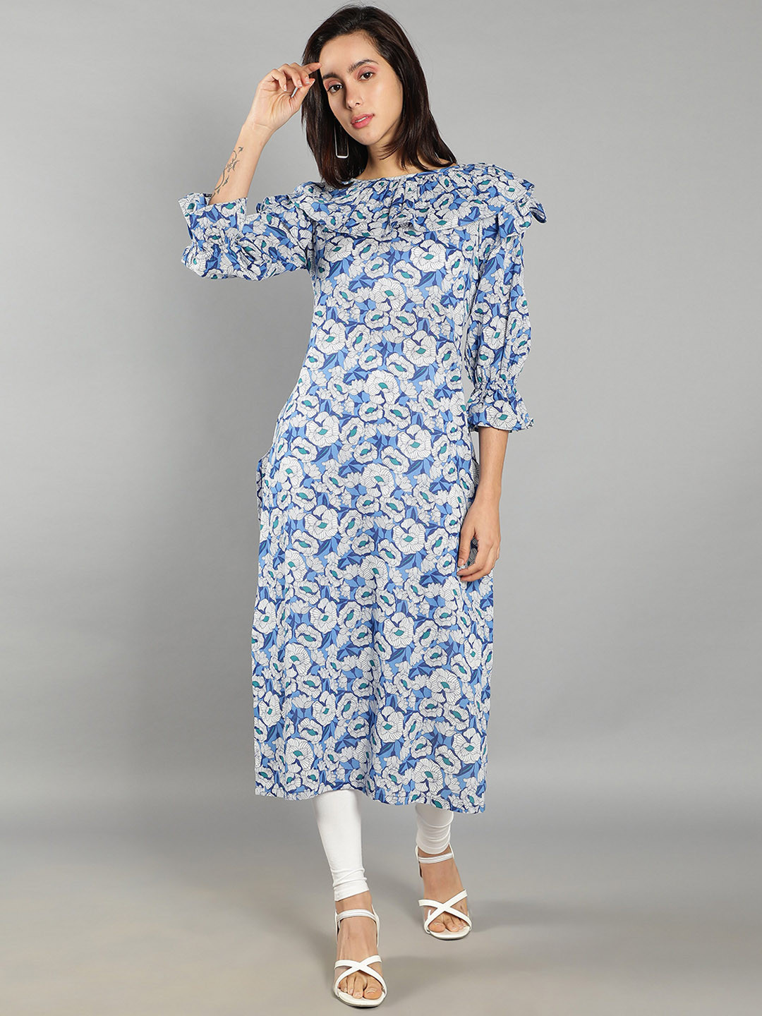 

See Designs Women Floral Printed Puff sleeve Cotton Kurta, Blue
