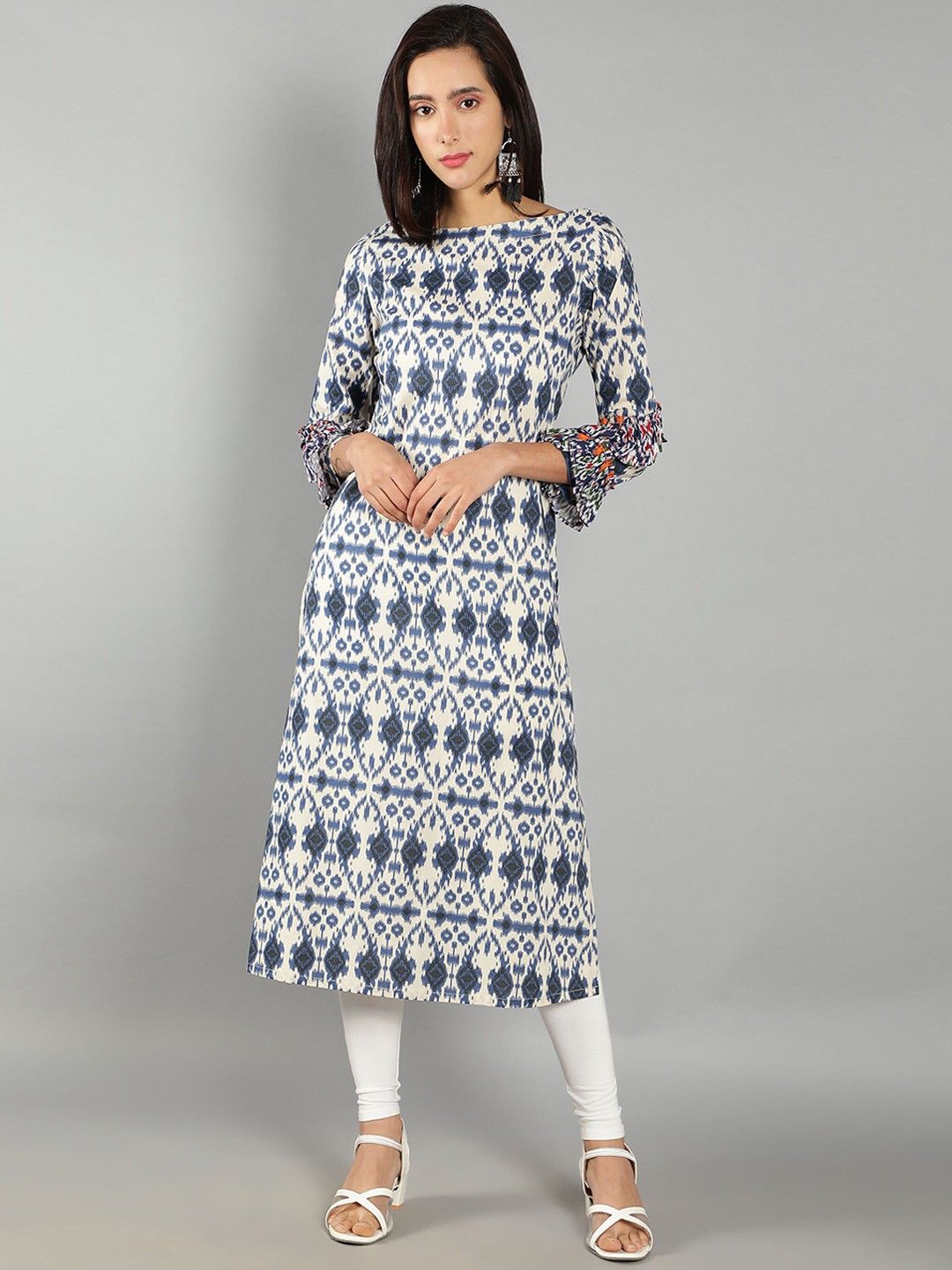 

See Designs Ethnic Motifs Printed Bell Sleeves Cotton Kurta, Blue