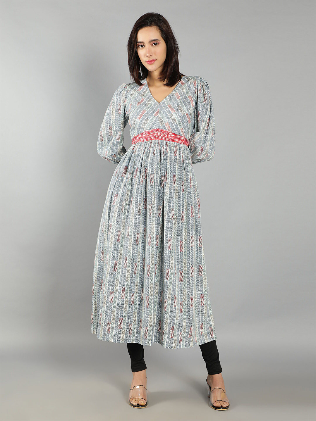 

See Designs Women Printed Pleated Cotton A-Line Kurta, Blue