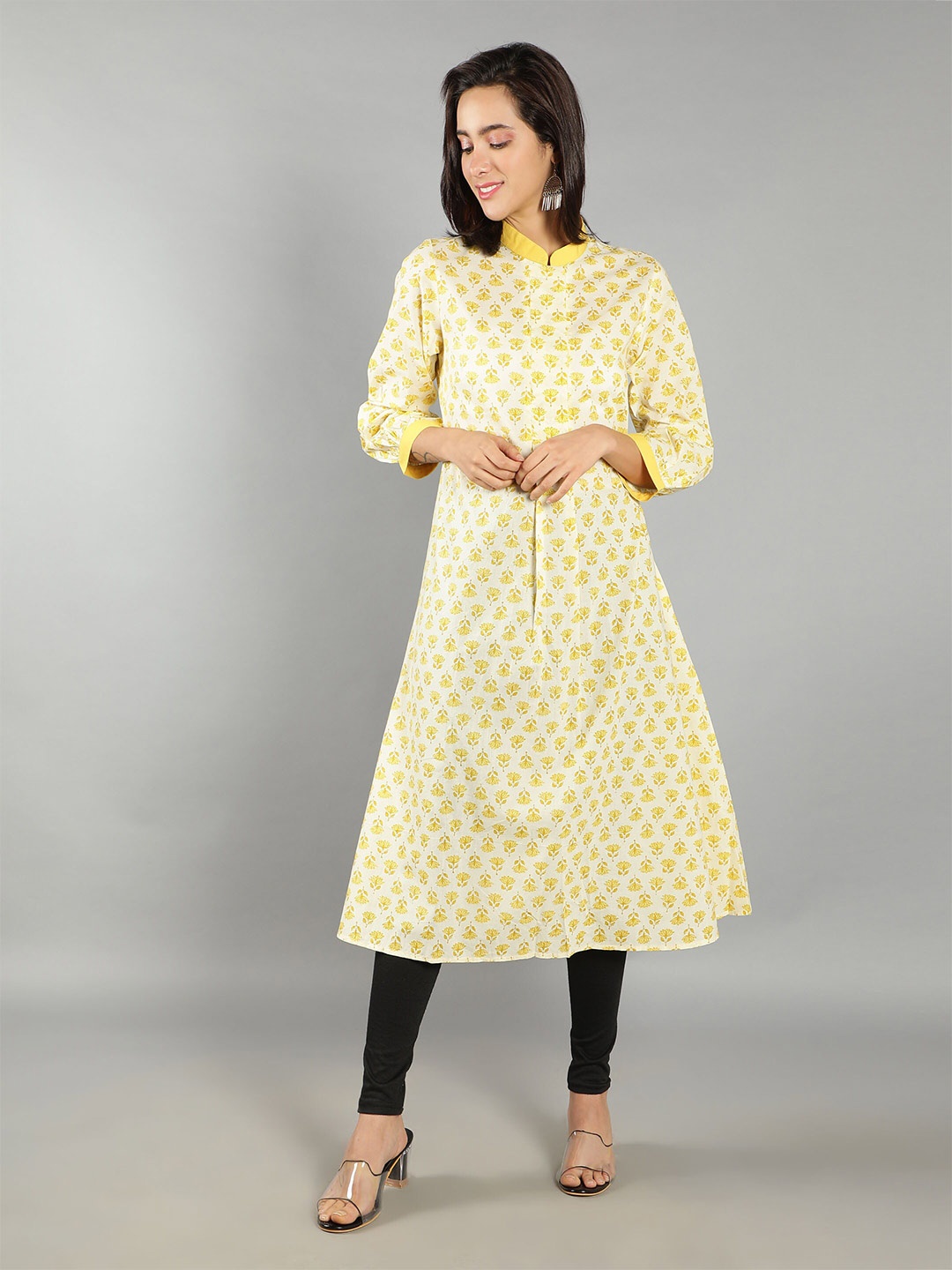 

See Designs Women Ethnic Motifs Printed Indie Prints Cotton A-Line Kurta, Yellow