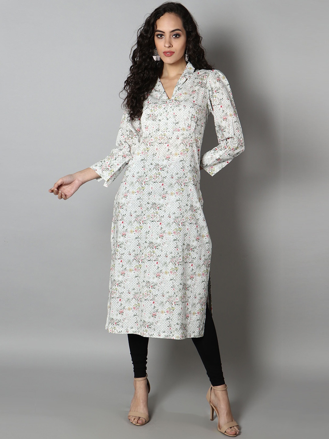 

See Designs Women Floral Printed Shirt Collar Cotton Kurta, Off white