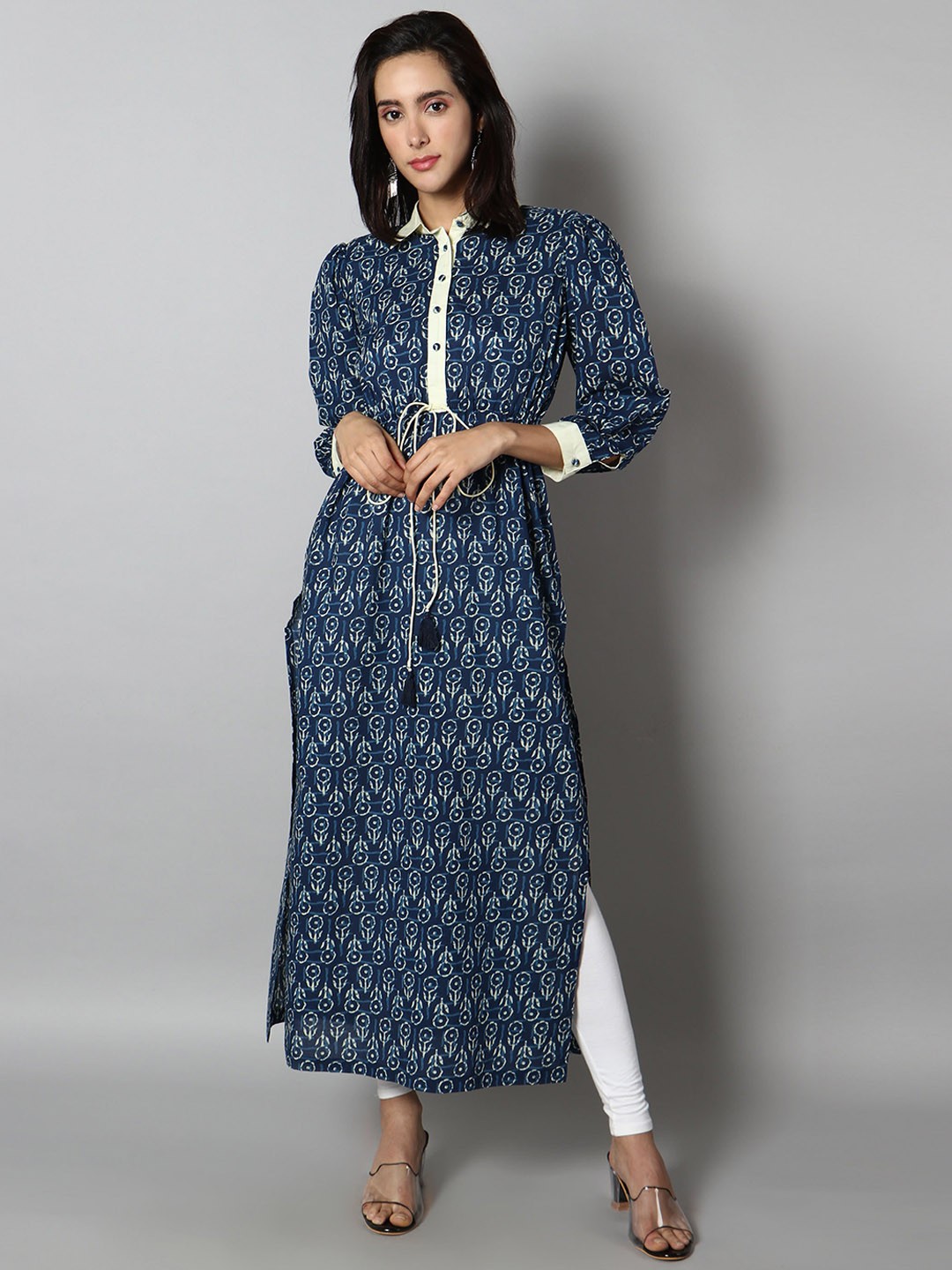 

See Designs Women Ethnic Motifs Printed Shirt Collar Cotton Kurta, Navy blue