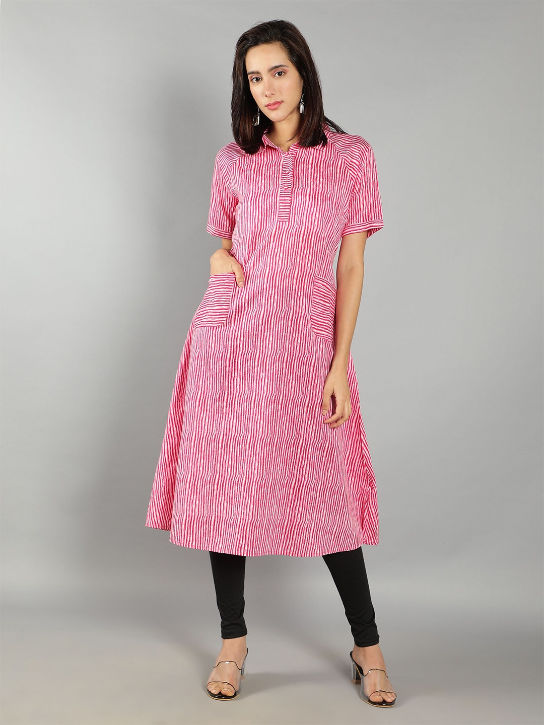 

See Designs Shirt Collar Printed Cotton Kurta, Pink