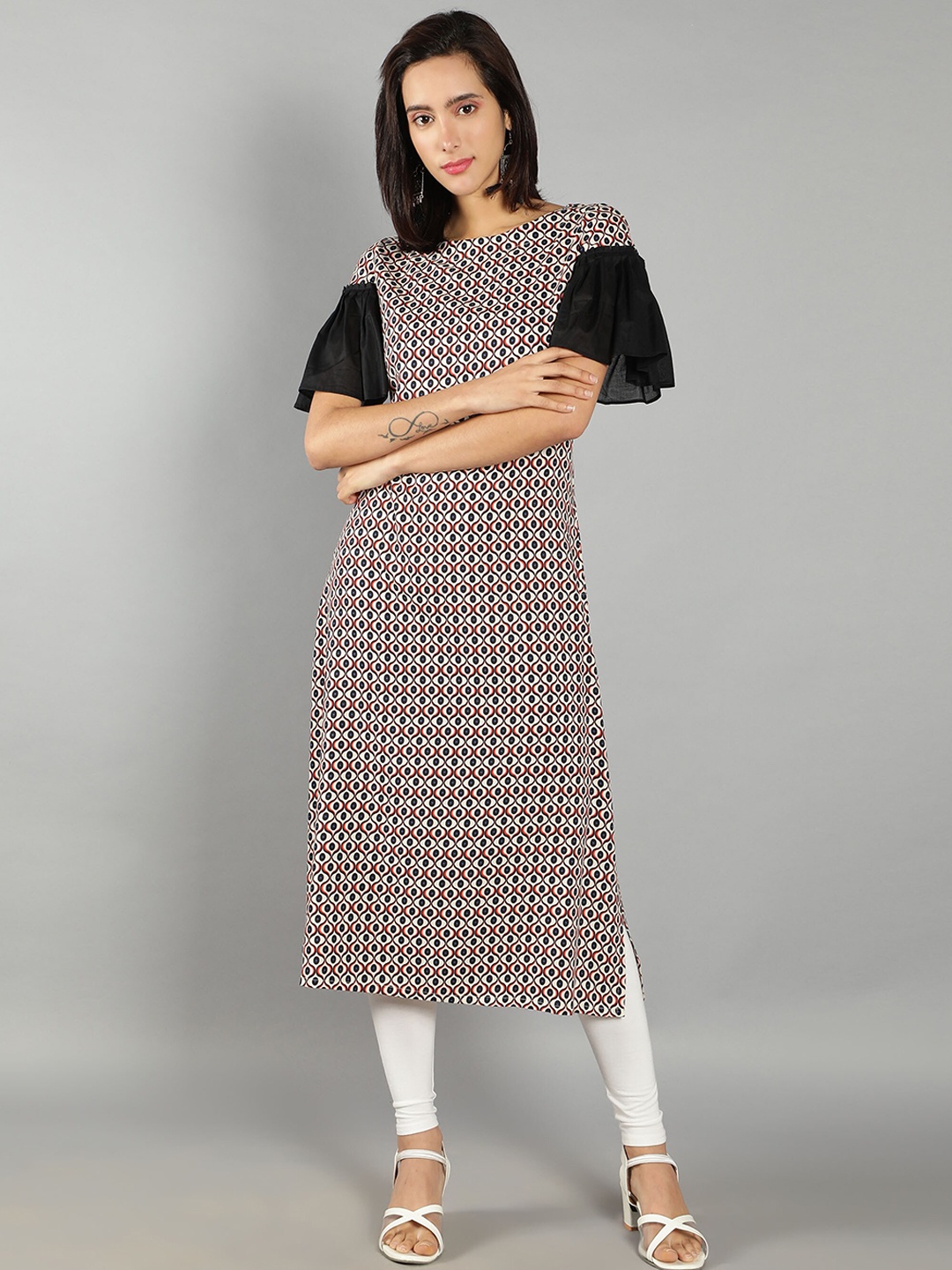 

See Designs Women Geometric Printed Flared Sleeves Cotton Kurta, White