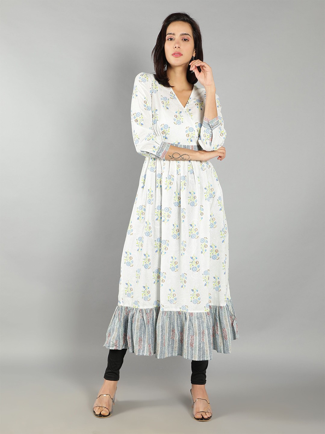 

See Designs Floral Printed Floral Anarkali Cotton Kurta, White