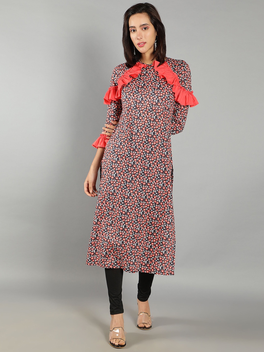 

See Designs Women Floral Printed Bell Sleeves Ruffles Cotton Kurta, Black