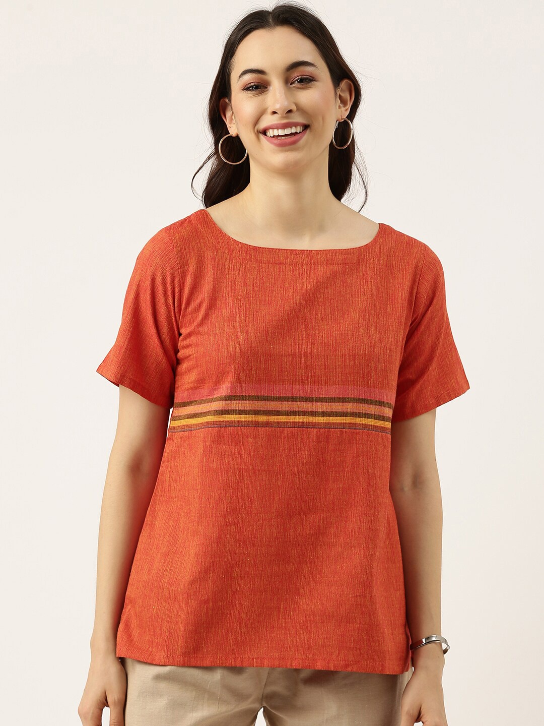 

Lokatita Striped Cotton A-Line Top, Orange