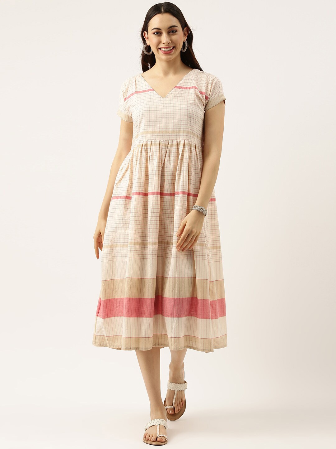 

Lokatita V-Neck Checked Empire Midi Dress, White