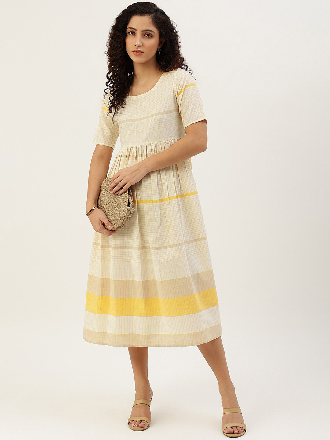 

Lokatita Checked Round Neck Cotton Midi Dress, White