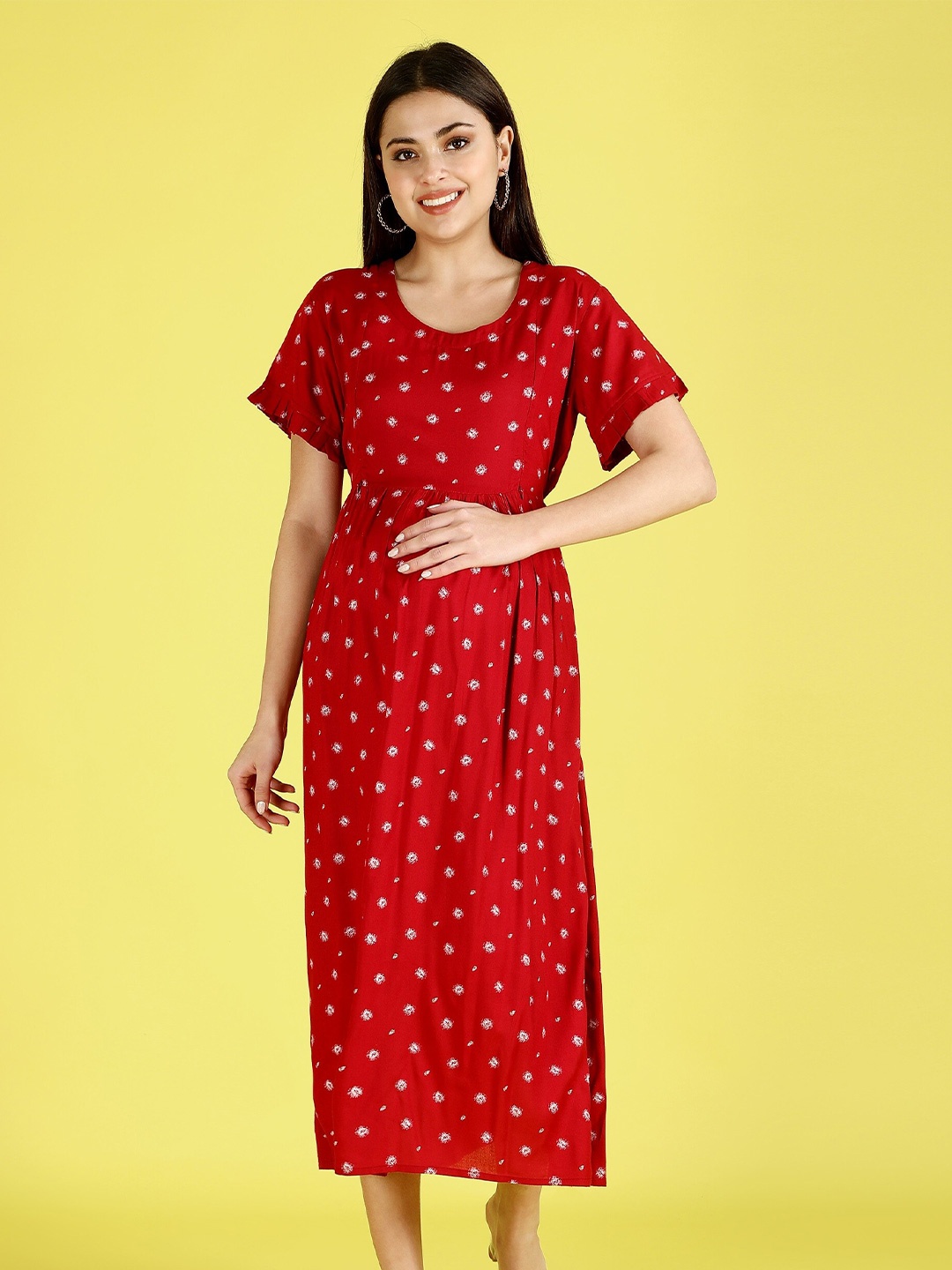 

NIGHTSPREE Floral Printed Fit & Flare Maternity Midi Dress, Red