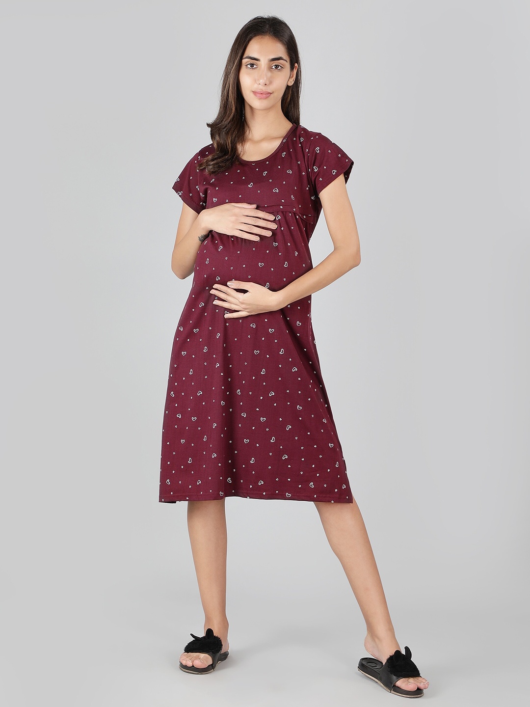 

NIGHTSPREE Printed Maternity A-Line Midi Cotton Dress, Burgundy